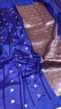 Pre-Order : Royal Blue Pure Soft Katan Silk Handloom Saree with Stripes Blouse