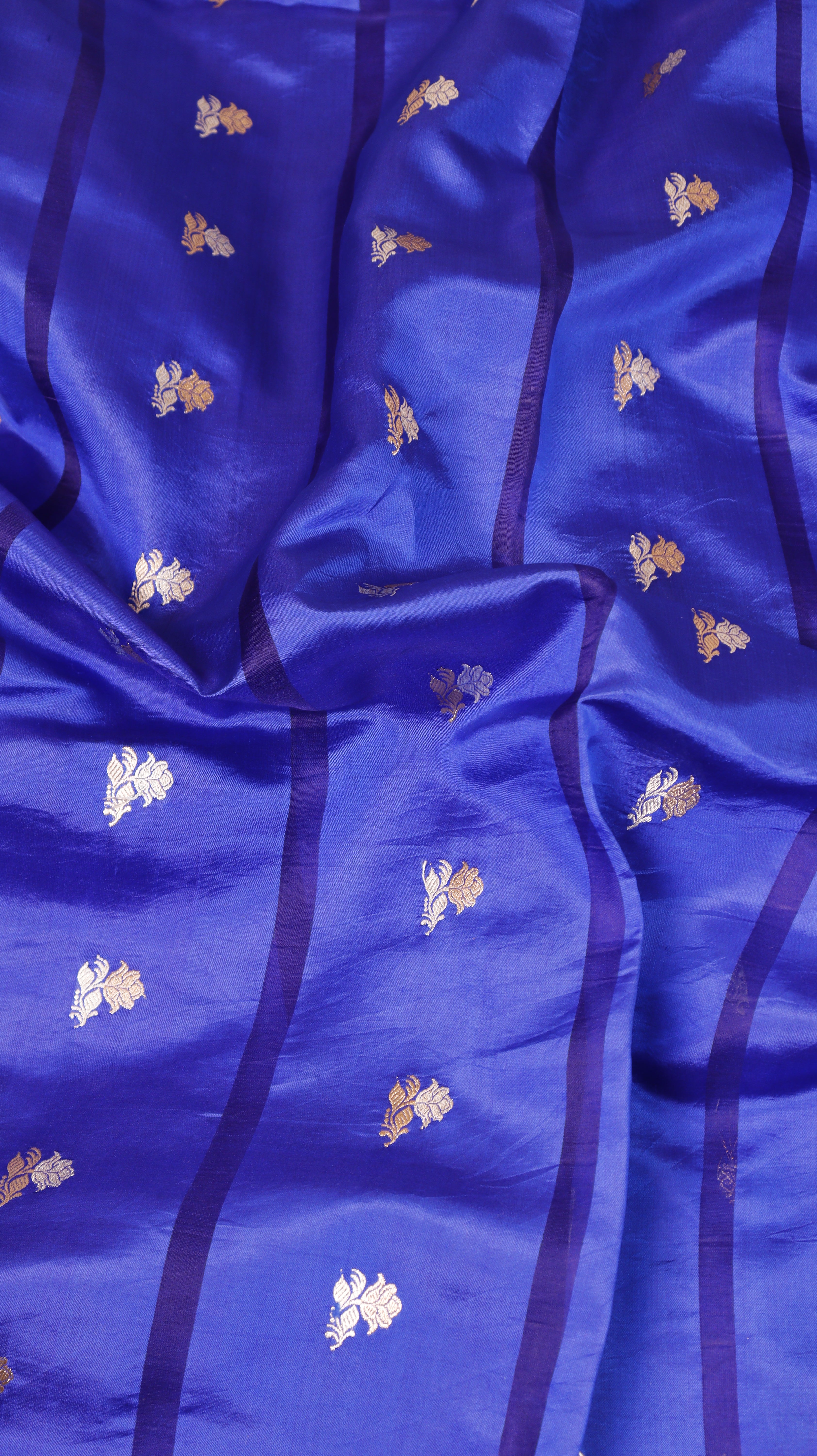 Royal Blue Pure Soft Katan Silk Handloom Saree with Stripes Blouse