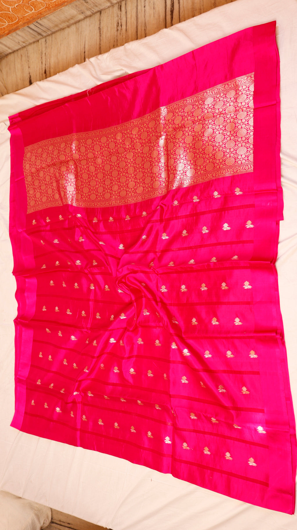 Pre-Order : Rani Pink Pure Soft Katan Silk Handloom Saree with Stripes Blouse