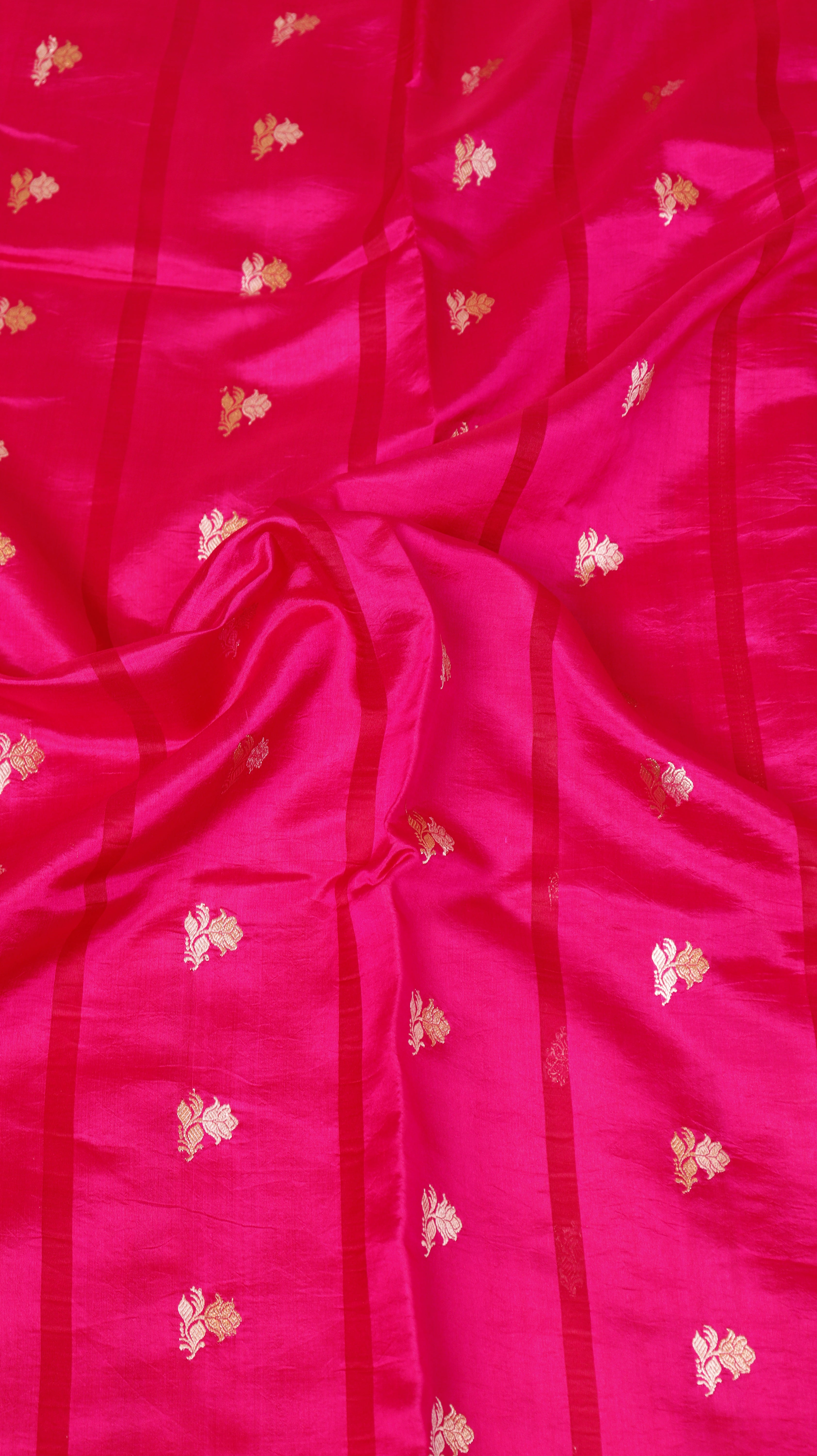 Rani Pink Pure Soft Katan Silk Handloom Saree with Stripes Blouse