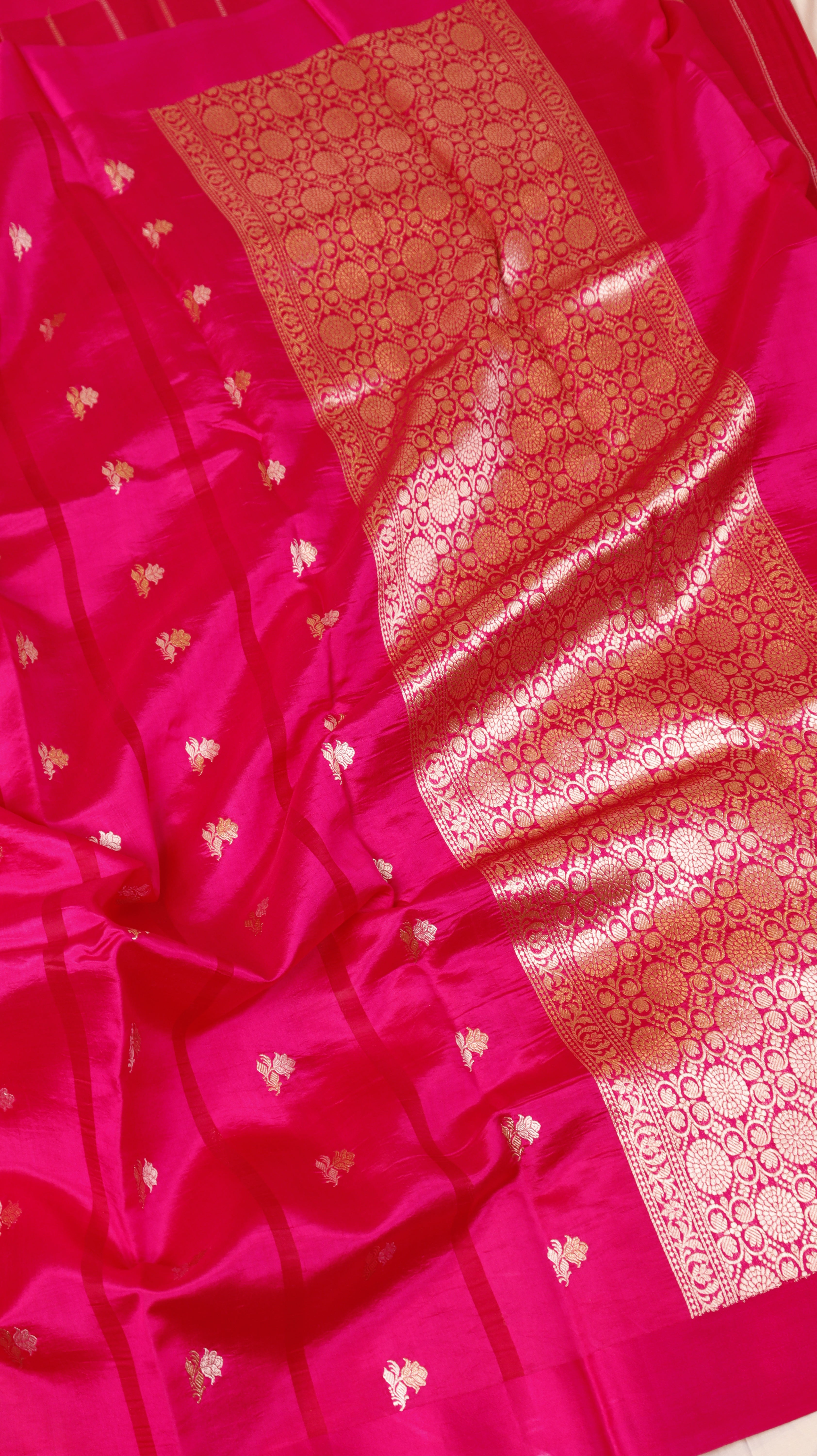 Rani Pink Pure Soft Katan Silk Handloom Saree with Stripes Blouse