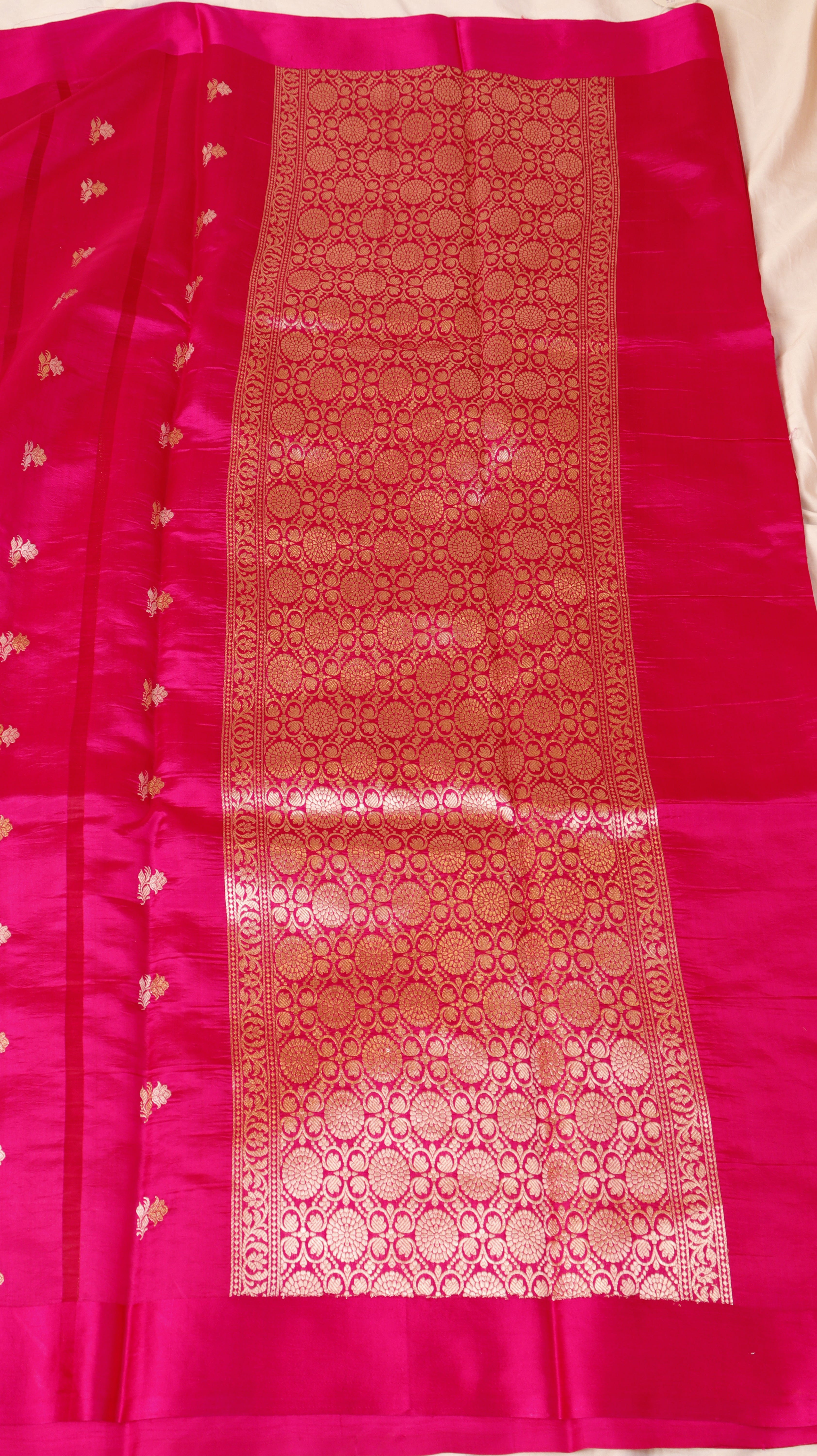Rani Pink Pure Soft Katan Silk Handloom Saree with Stripes Blouse