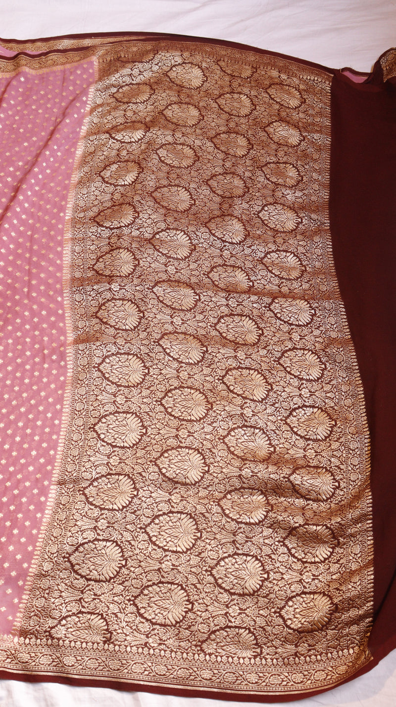 Mauve Pink Pure Khaddi Georgette Handloom Saree with Contrast Blouse