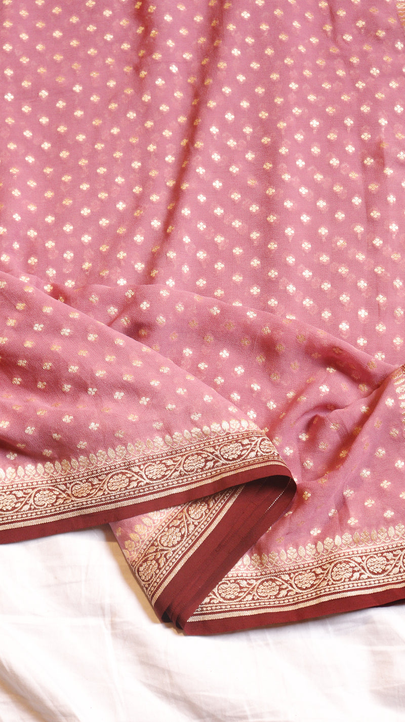 Mauve Pink Pure Khaddi Georgette Handloom Saree with Contrast Blouse
