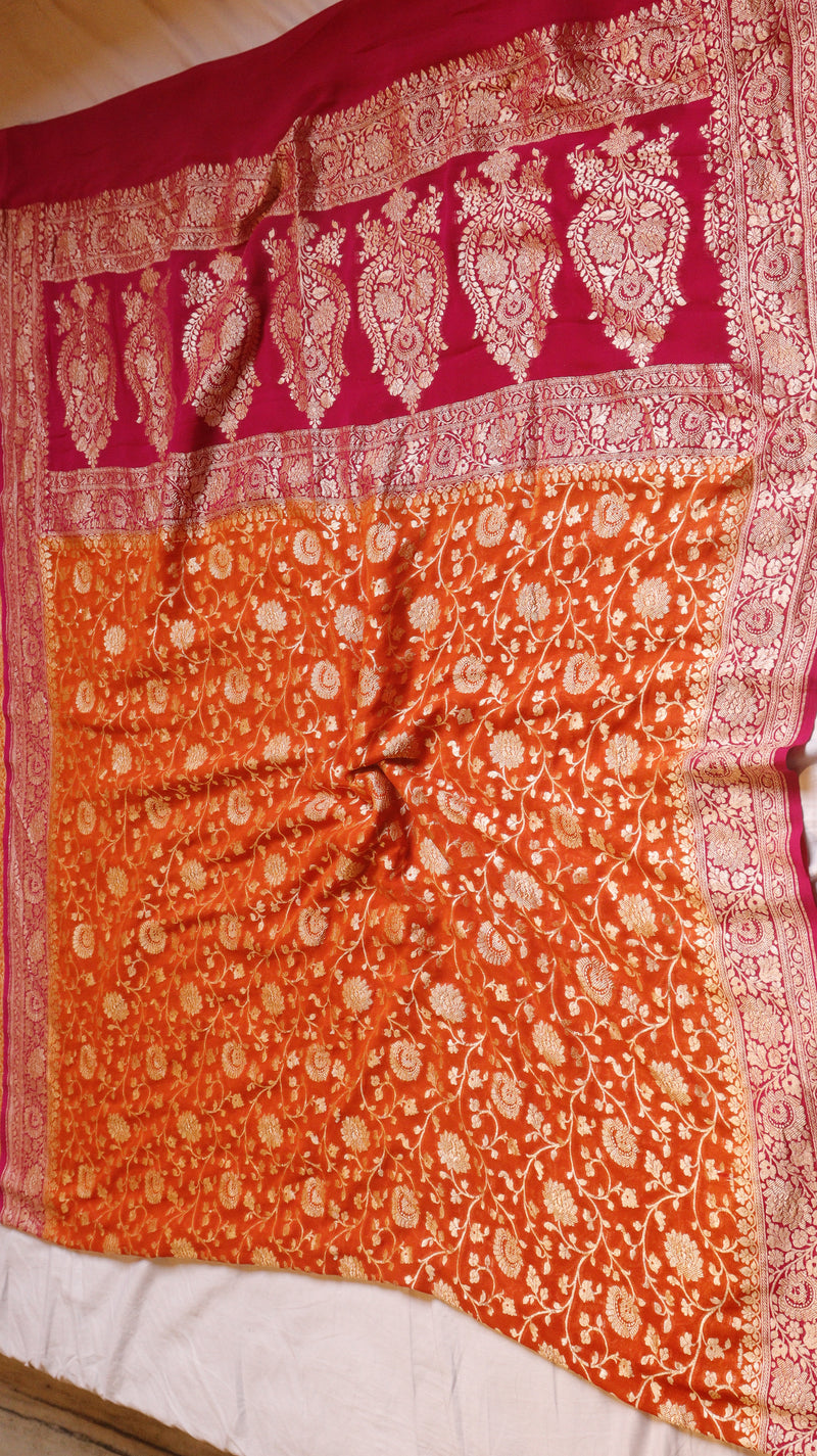 Orange Pure Khaddi Georgette Handloom Saree with Contrast Border