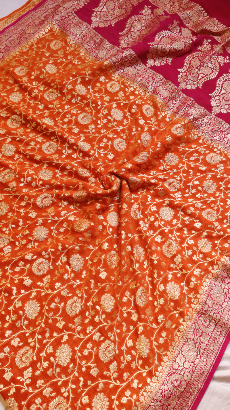 Orange Pure Khaddi Georgette Handloom Saree with Contrast Border