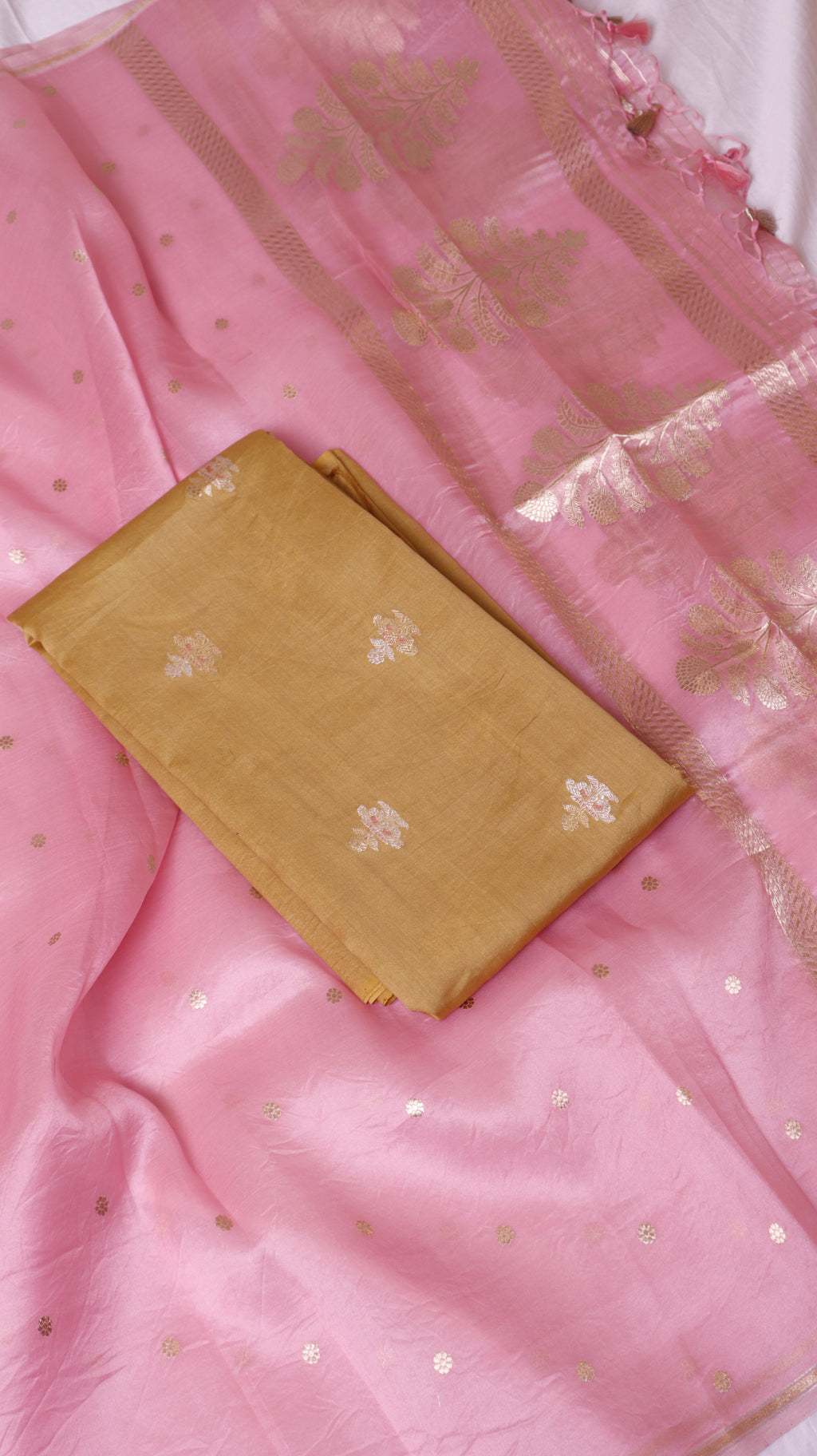 Pre-Order : Mustard Yellow Pure Chanderi Silk Handloom Suit Set with Contrast Dupatta