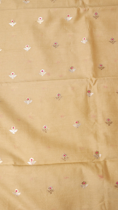 Beige Pure Chanderi Silk Handloom Suit Set with Contrast Dupatta