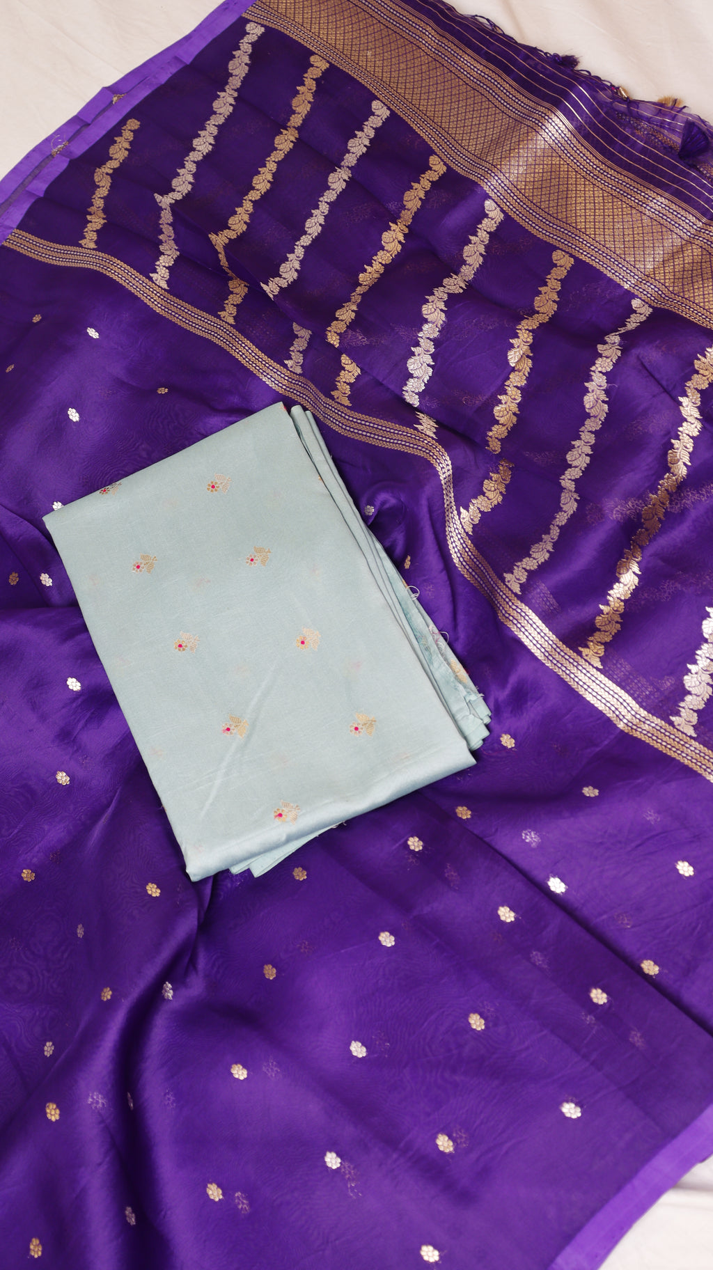 Pre-Order : Sky Blue Pure Chanderi Silk Handloom Suit Set with Contrast Dupatta