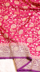 Rani Pink Pure Khaddi Georgette Handloom Saree with Contrast Blouse