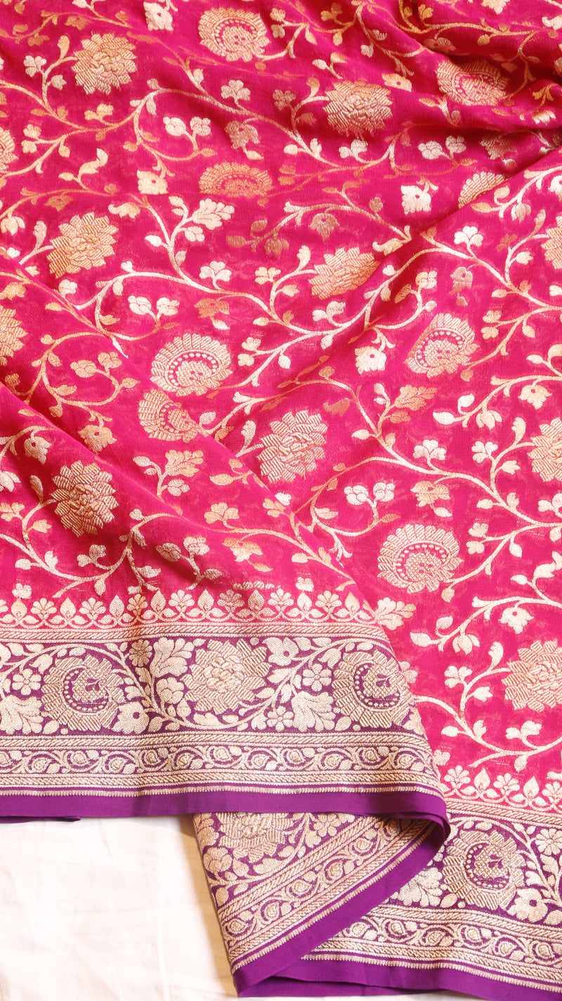 Rani Pink Pure Khaddi Georgette Handloom Saree with Contrast Blouse