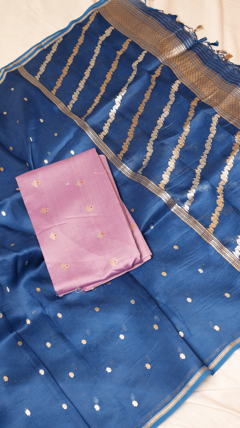 Pre-Order : Soft Purple Pure Chanderi Silk Handloom Suit Set with Contrast Dupatta
