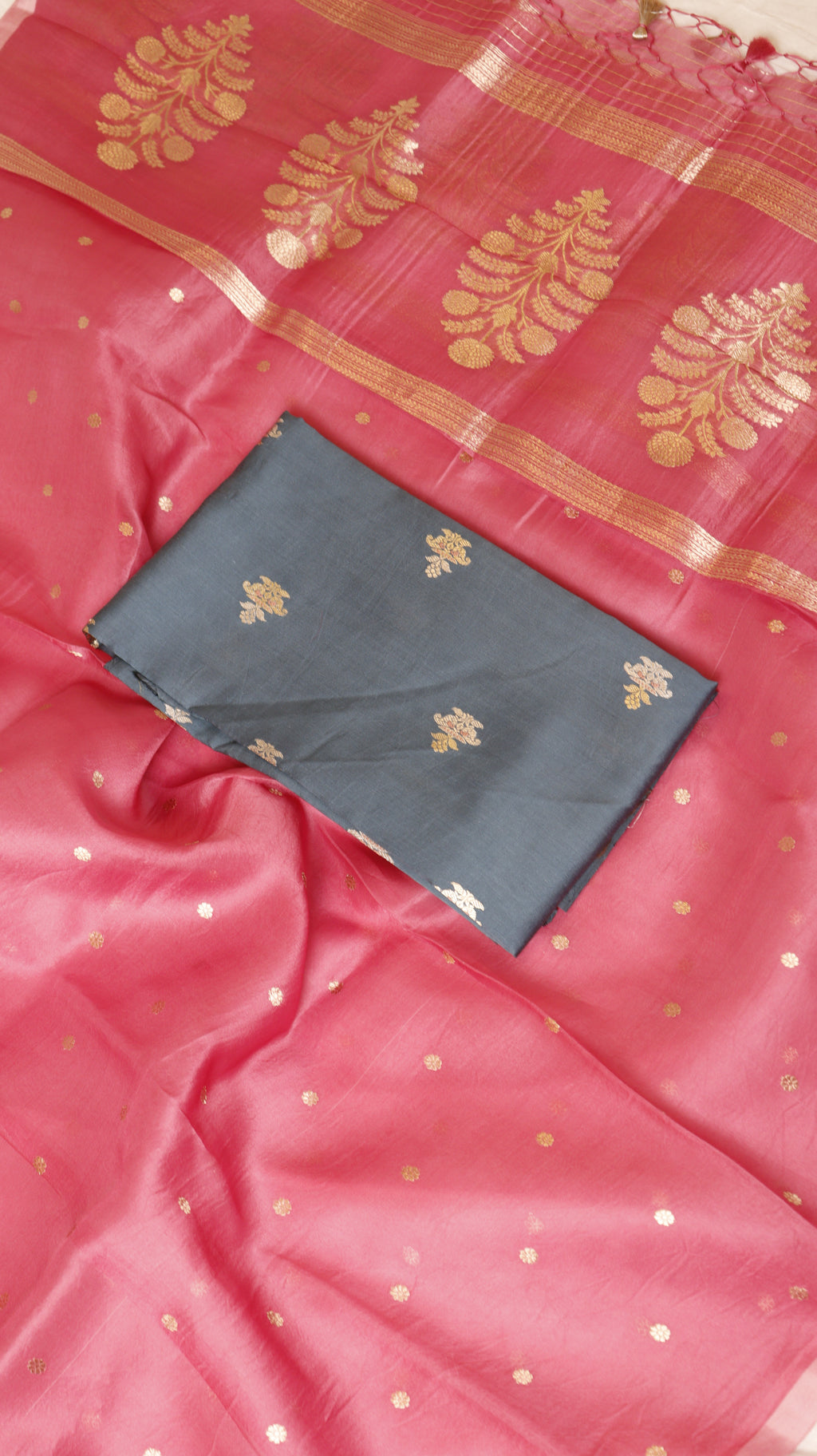 Pre-Order : Grey Pure Chanderi Silk Handloom Suit Set with Contrast Dupatta
