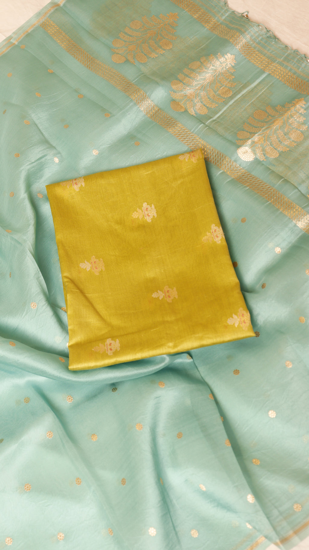Pre-Order : Mustard Yellow Pure Chanderi Silk Handloom Suit Set with Contrast Dupatta