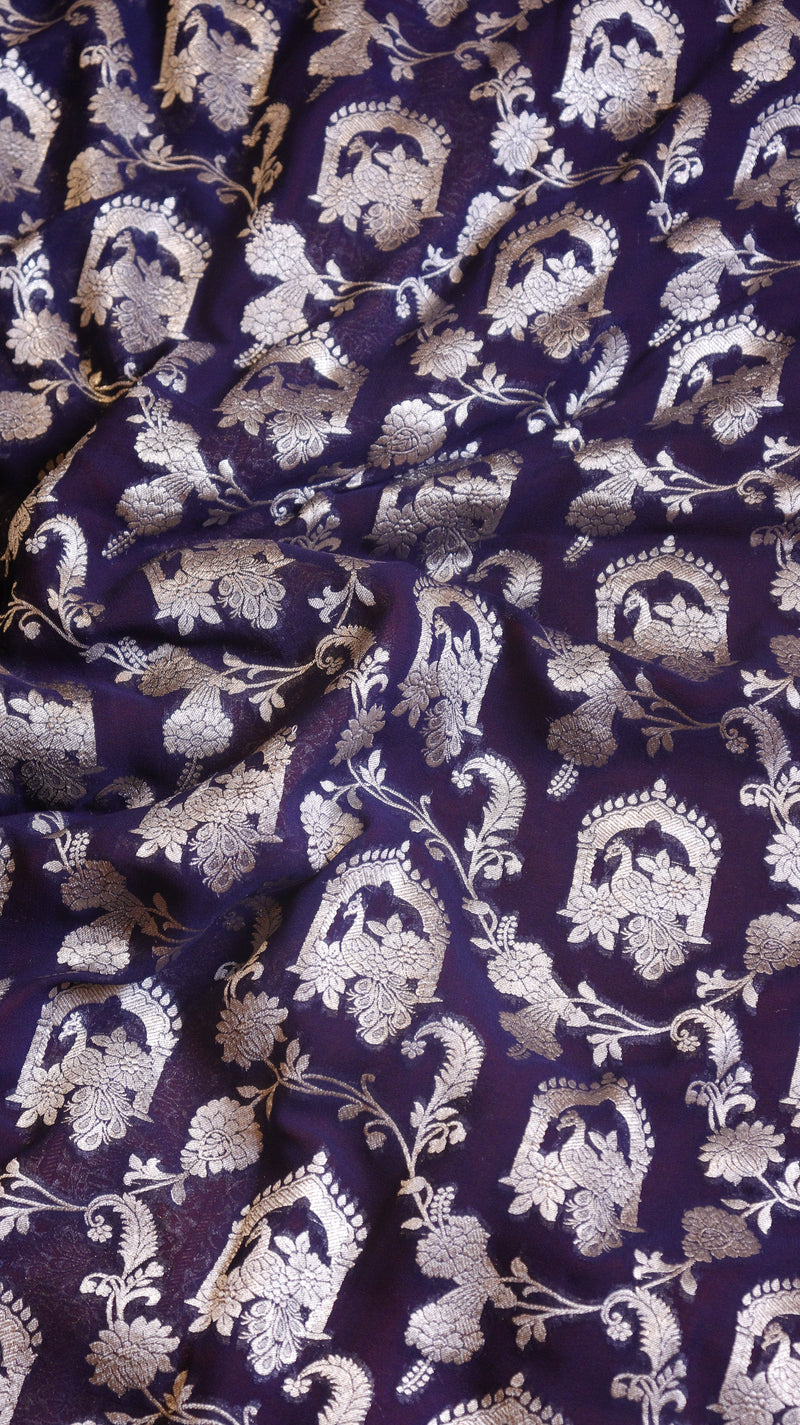 Navy Blue Pure Khaddi Georgette Handloom Saree with Contrast Blouse