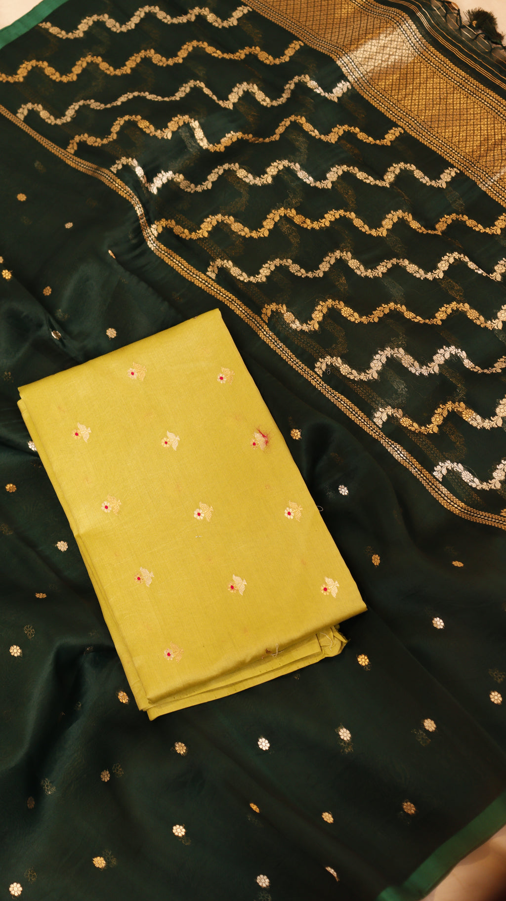 Pre-Order : Mustard Yellow Pure Chanderi Silk Handloom Suit Set with Contrast Dupatta