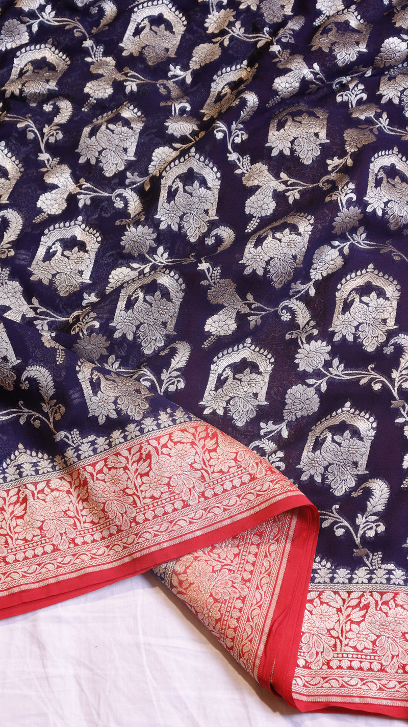 Navy Blue Pure Khaddi Georgette Handloom Saree with Contrast Blouse