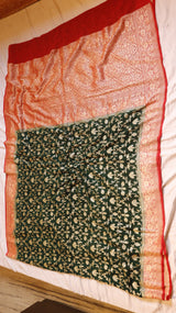 Bottle-green Pure Khaddi Georgette Handloom Saree with Contrast Blouse