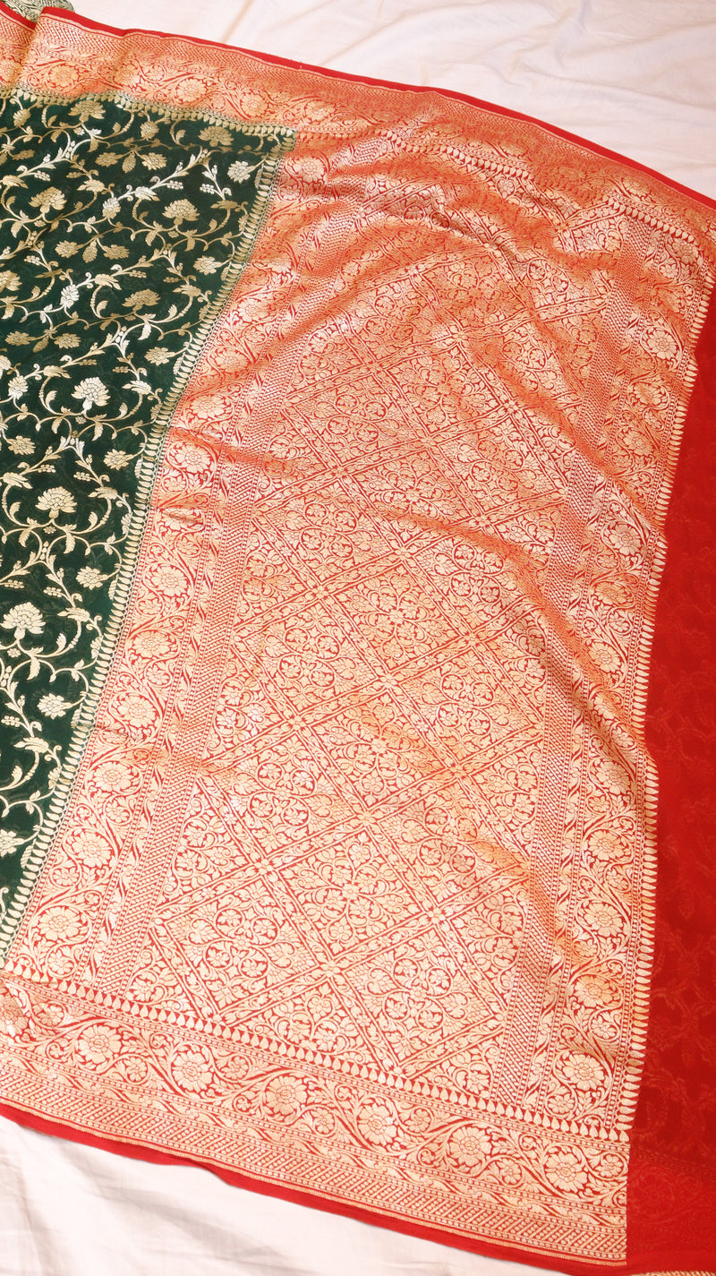 Bottle-green Pure Khaddi Georgette Handloom Saree with Contrast Blouse