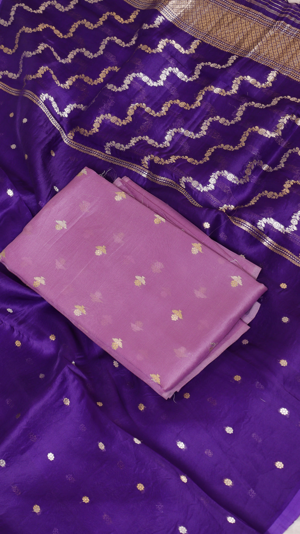 Pre-Order : Soft Purple Pure Kora Silk Handloom Suit Set with Contrast Dupatta
