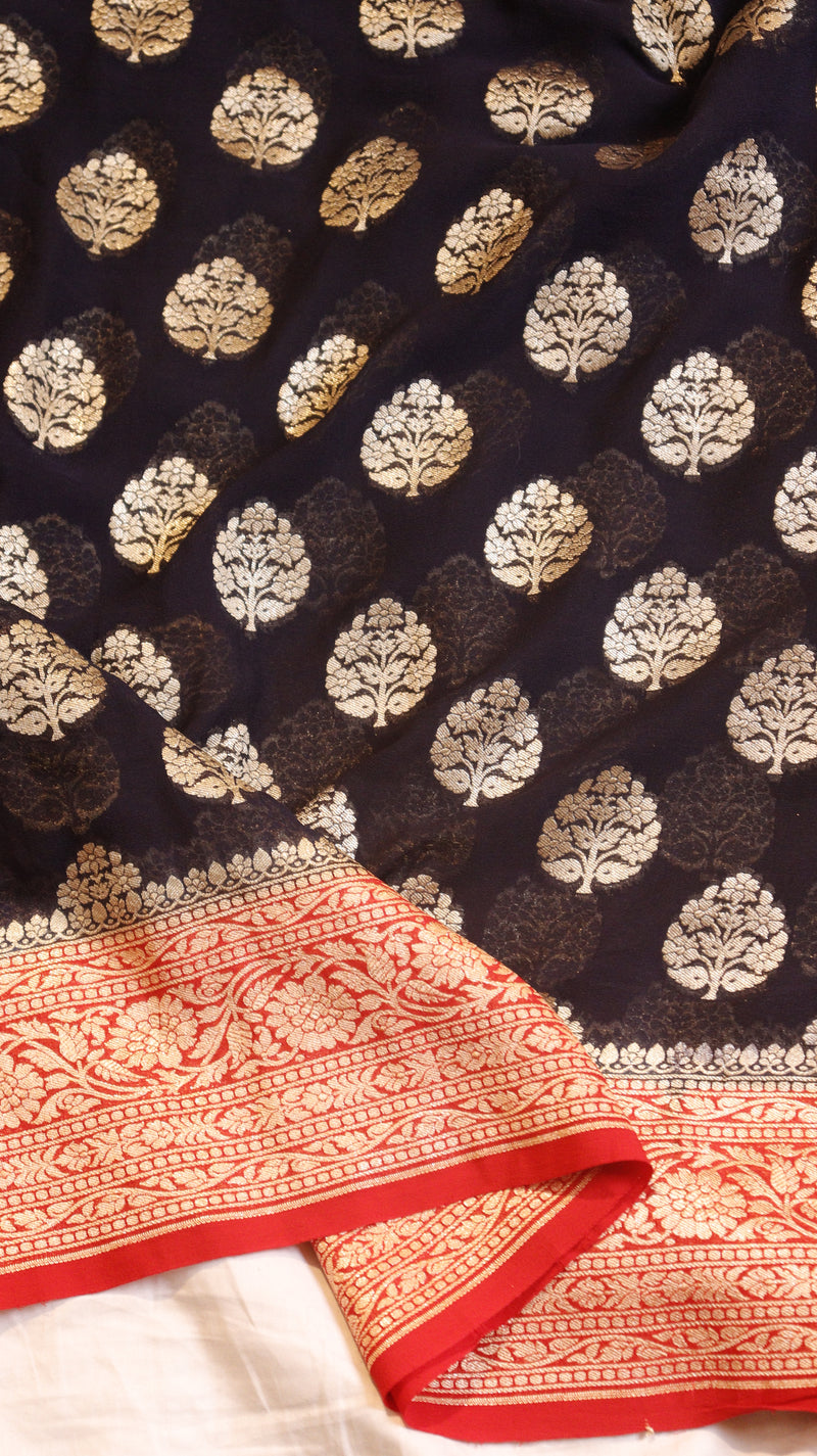 Charcoal Blue Pure Khaddi Georgette Handloom Saree with Contrast Blouse