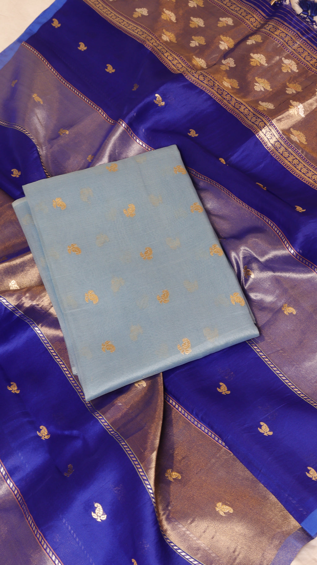 Pre-Order : Soft Sky Blue Pure Kora Silk Handloom Suit Set with Contrast Dupatta