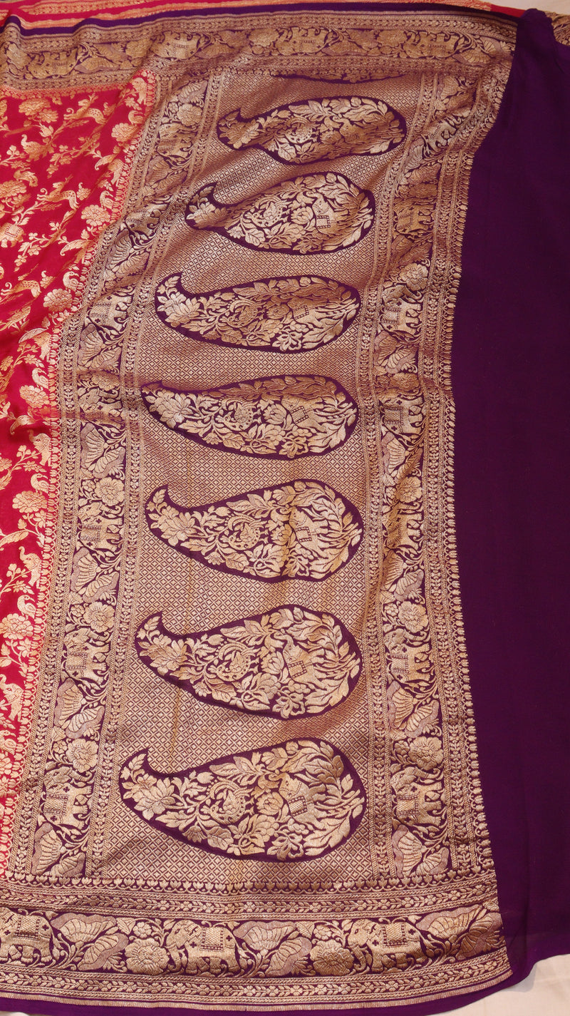 Rani Color Pure Khaddi Georgette Handloom Shikargah Saree with Contrast Blouse