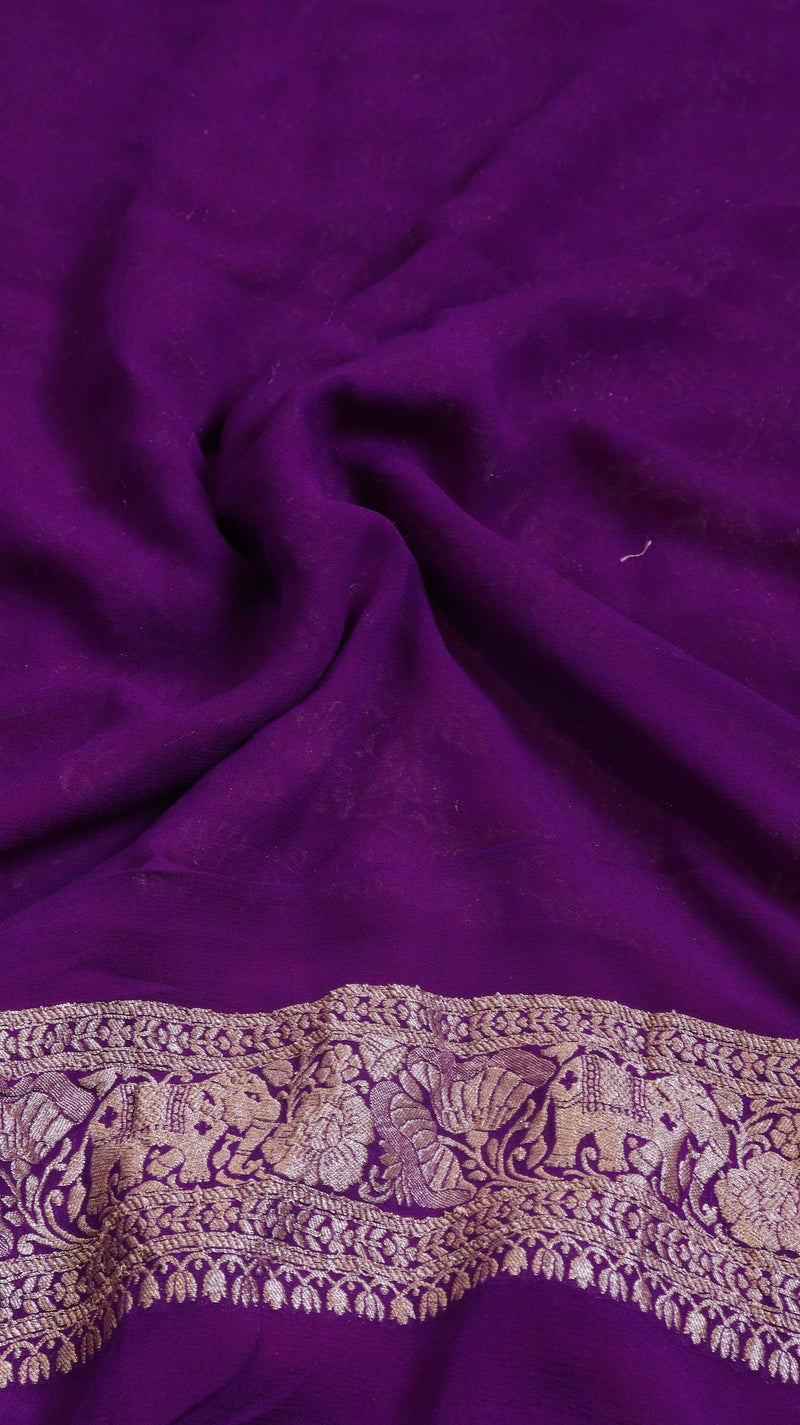 Rani Color Pure Khaddi Georgette Handloom Shikargah Saree with Contrast Blouse