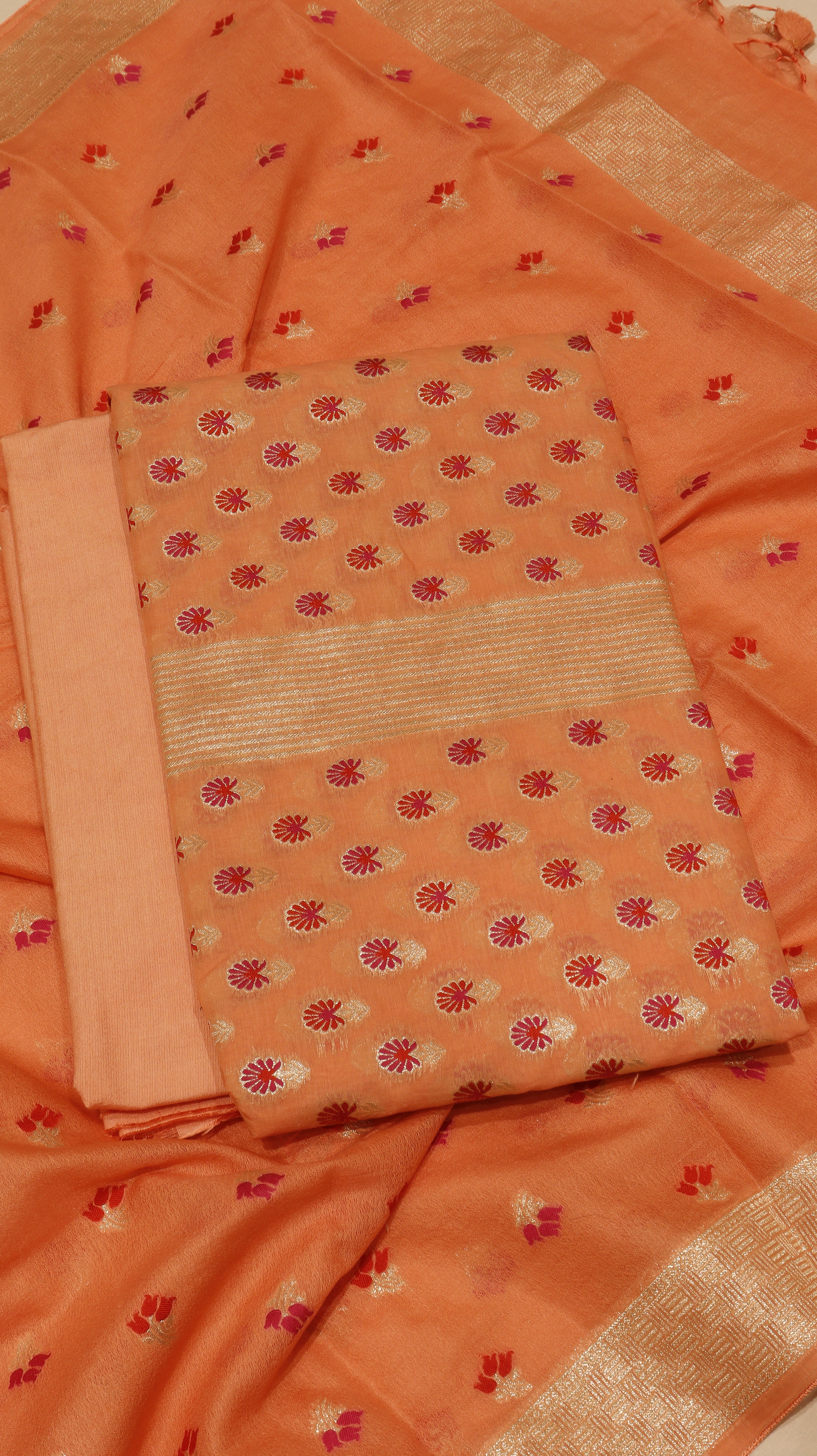 Peach Cotton Chanderi  Handloom Suit Set