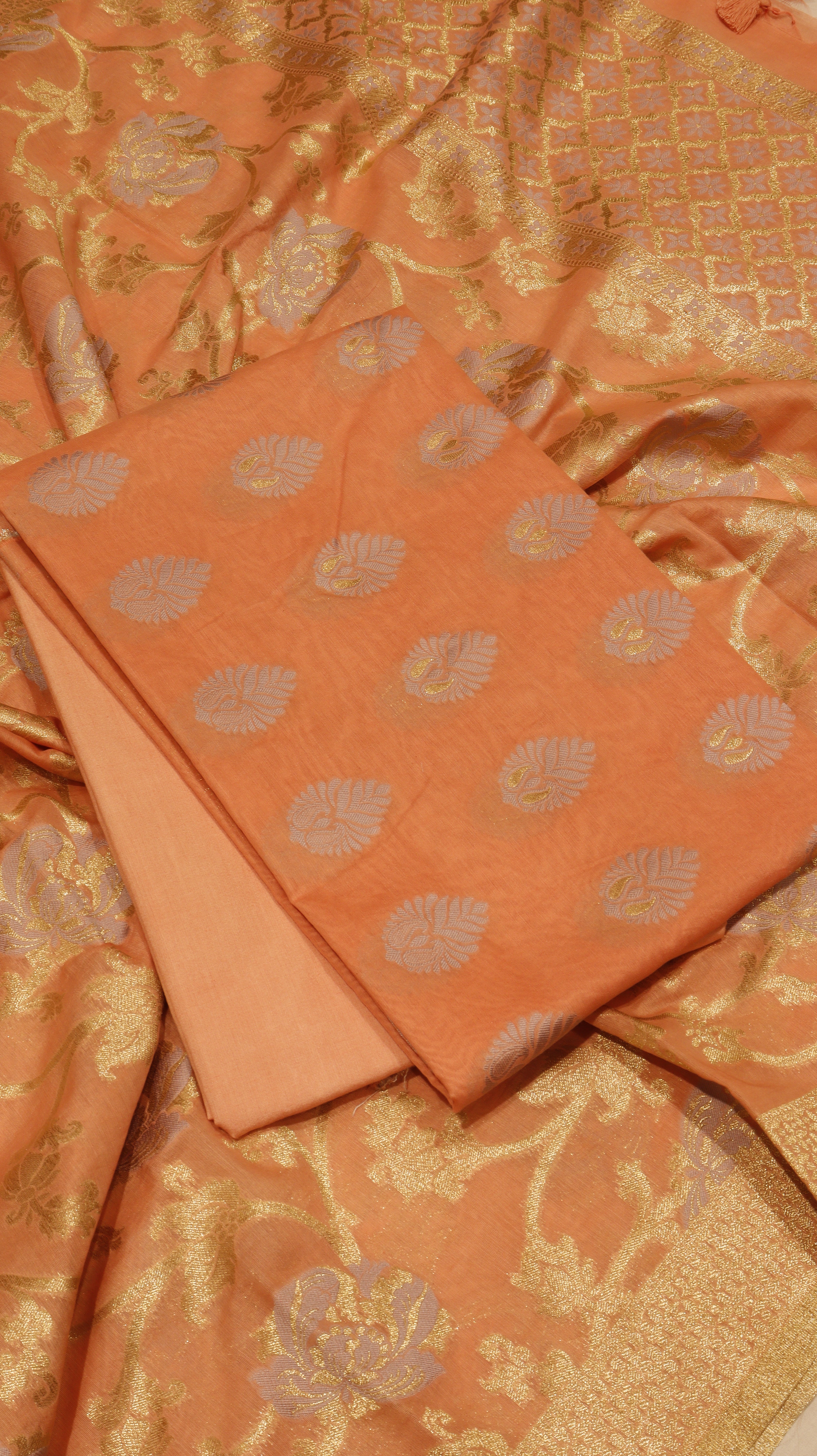 Orange Cotton Chanderi  Handloom Suit Set