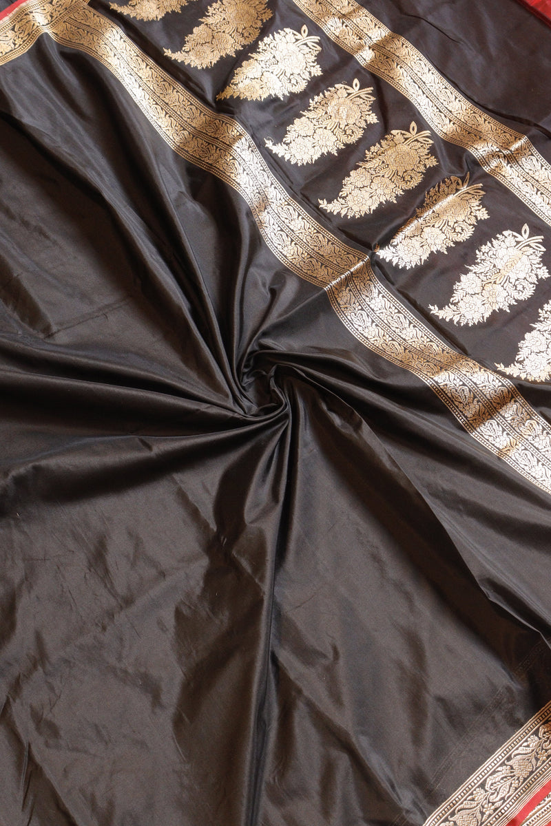 Black Pure Katan Silk Handloom Saree with Contrast Blouse