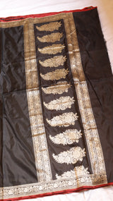 Black Pure Katan Silk Handloom Saree with Contrast Blouse