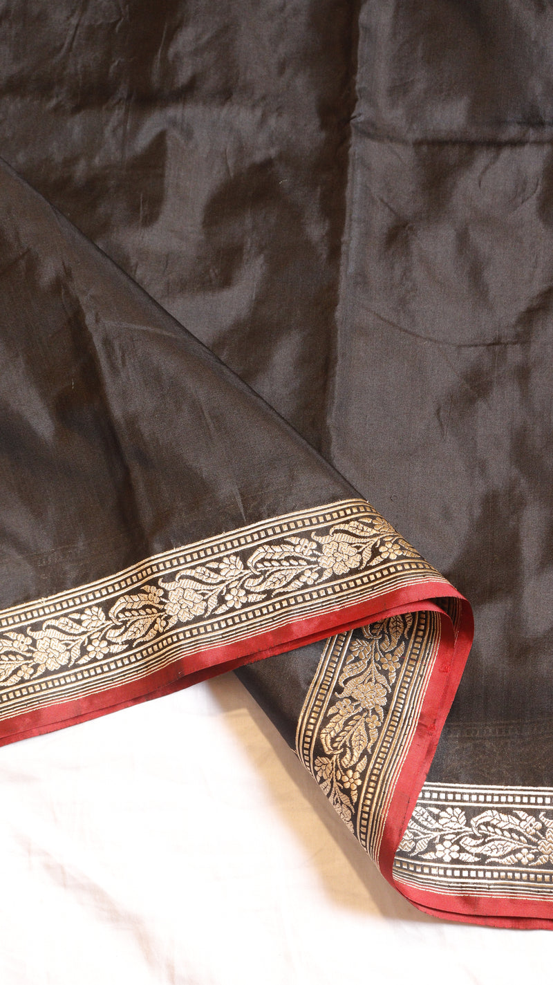 Black Pure Katan Silk Handloom Saree with Contrast Blouse