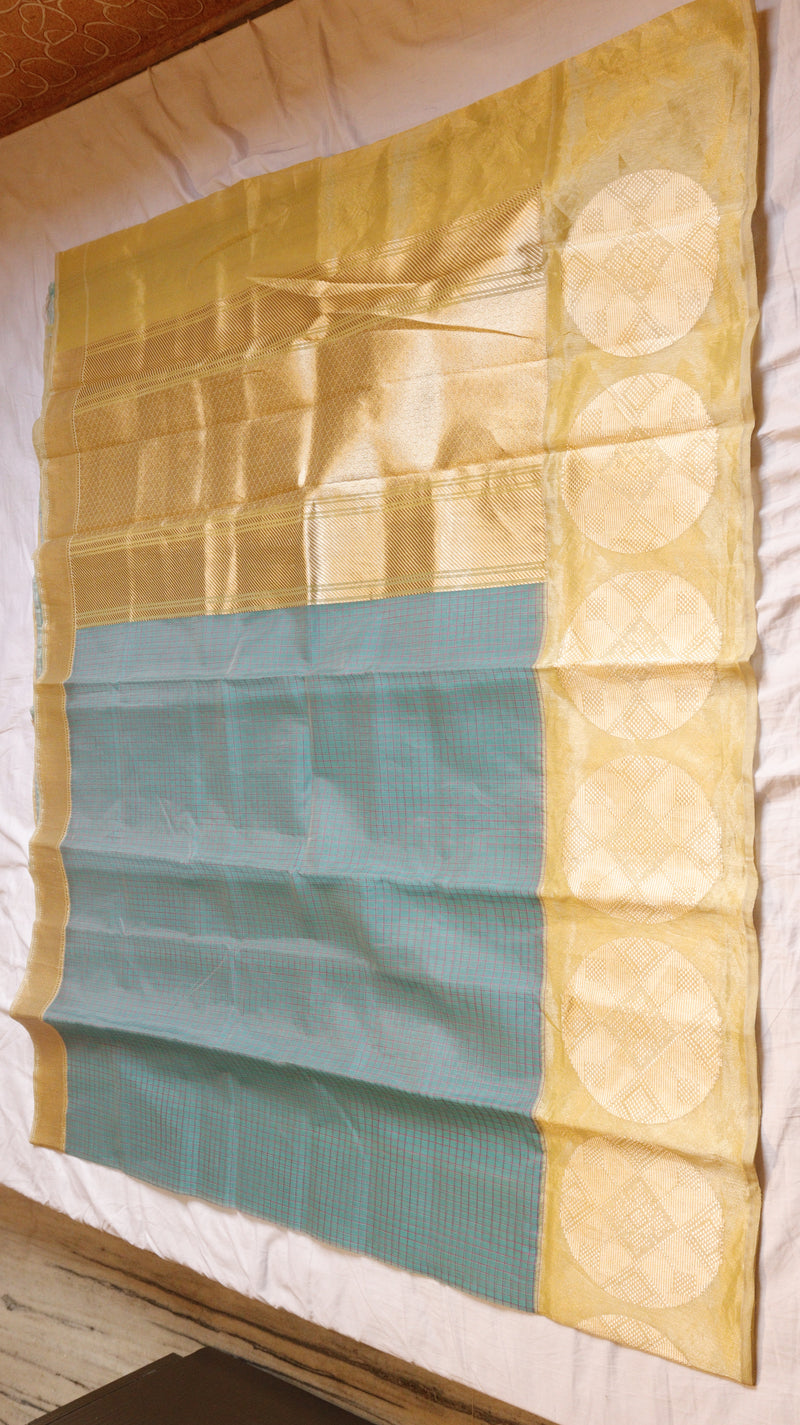 Aqua Pure Kora Silk Checked Handloom Saree with Contrast Broad Border