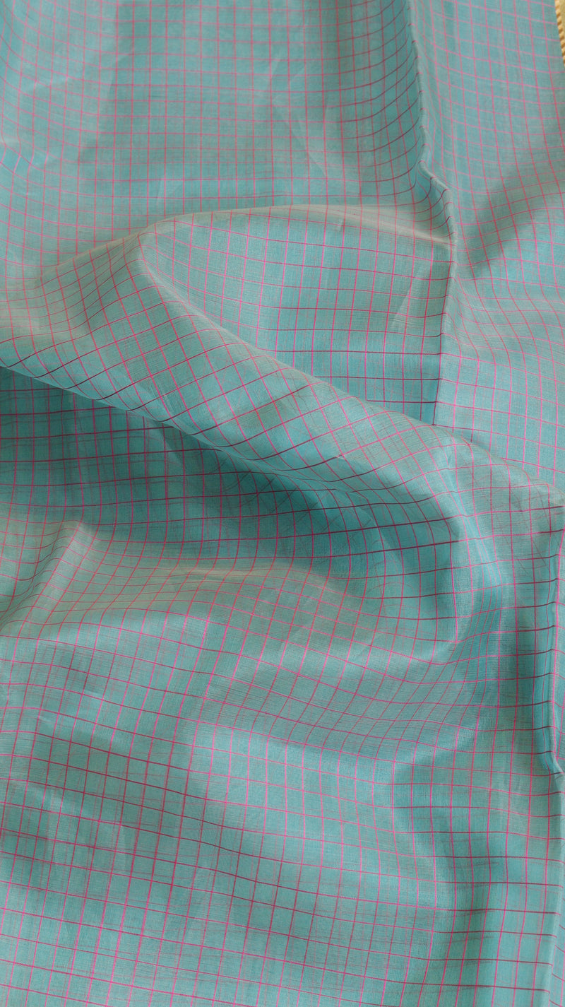 Aqua Pure Kora Silk Checked Handloom Saree with Contrast Broad Border
