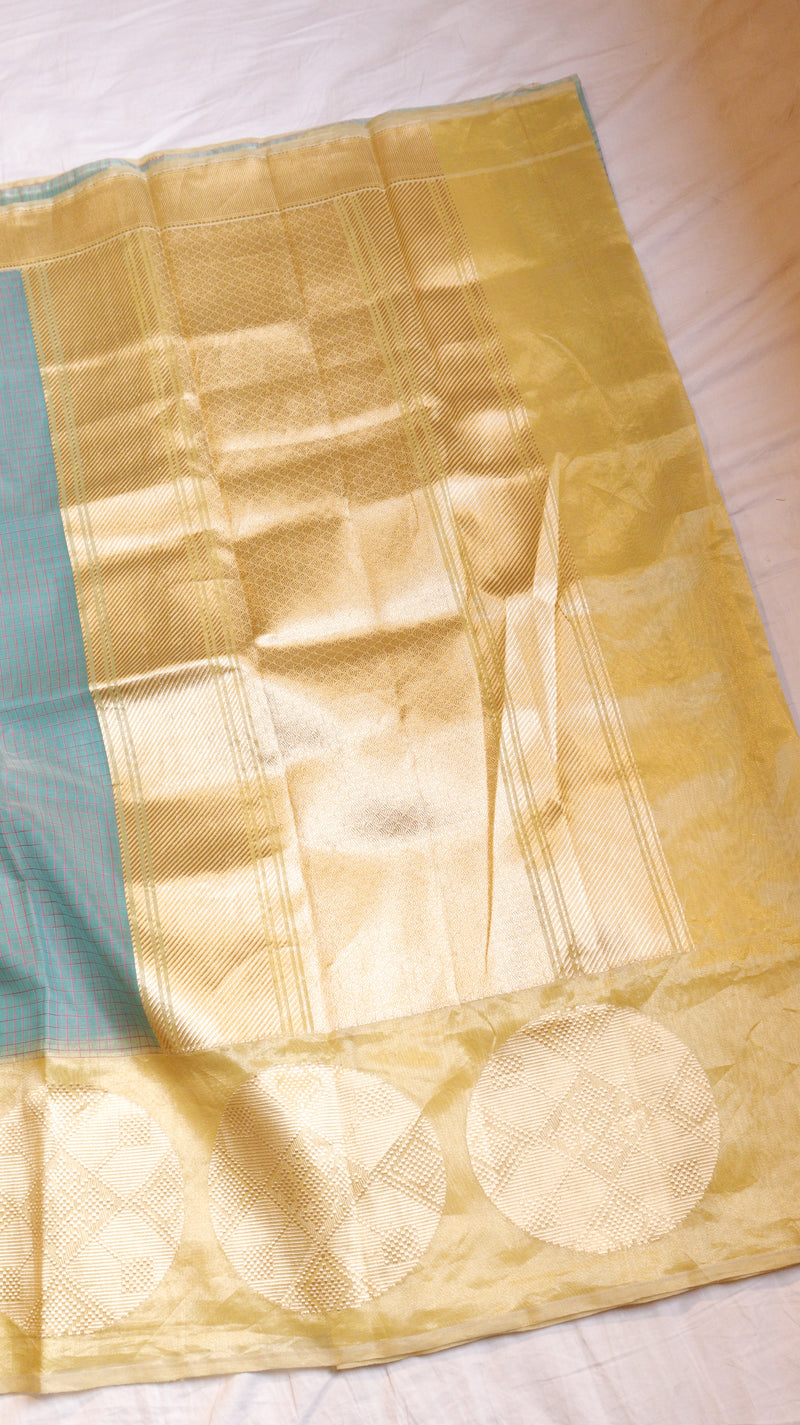 Aqua Pure Kora Silk Checked Handloom Saree with Contrast Broad Border