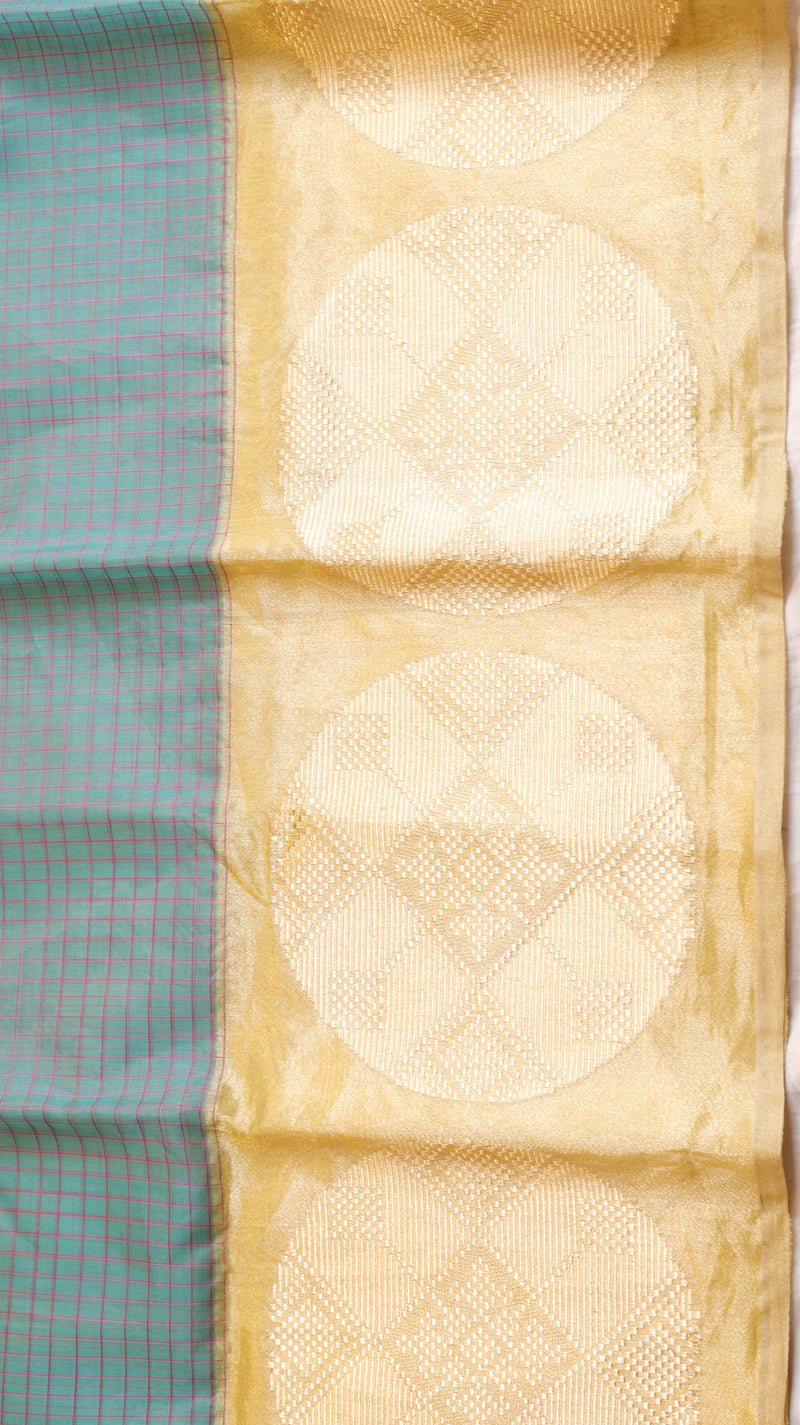 Aqua Pure Kora Silk Checked Handloom Saree with Contrast Broad Border
