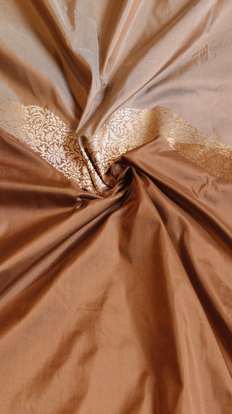 Brown Pure Katan Silk Handloom Saree with Dual Tone