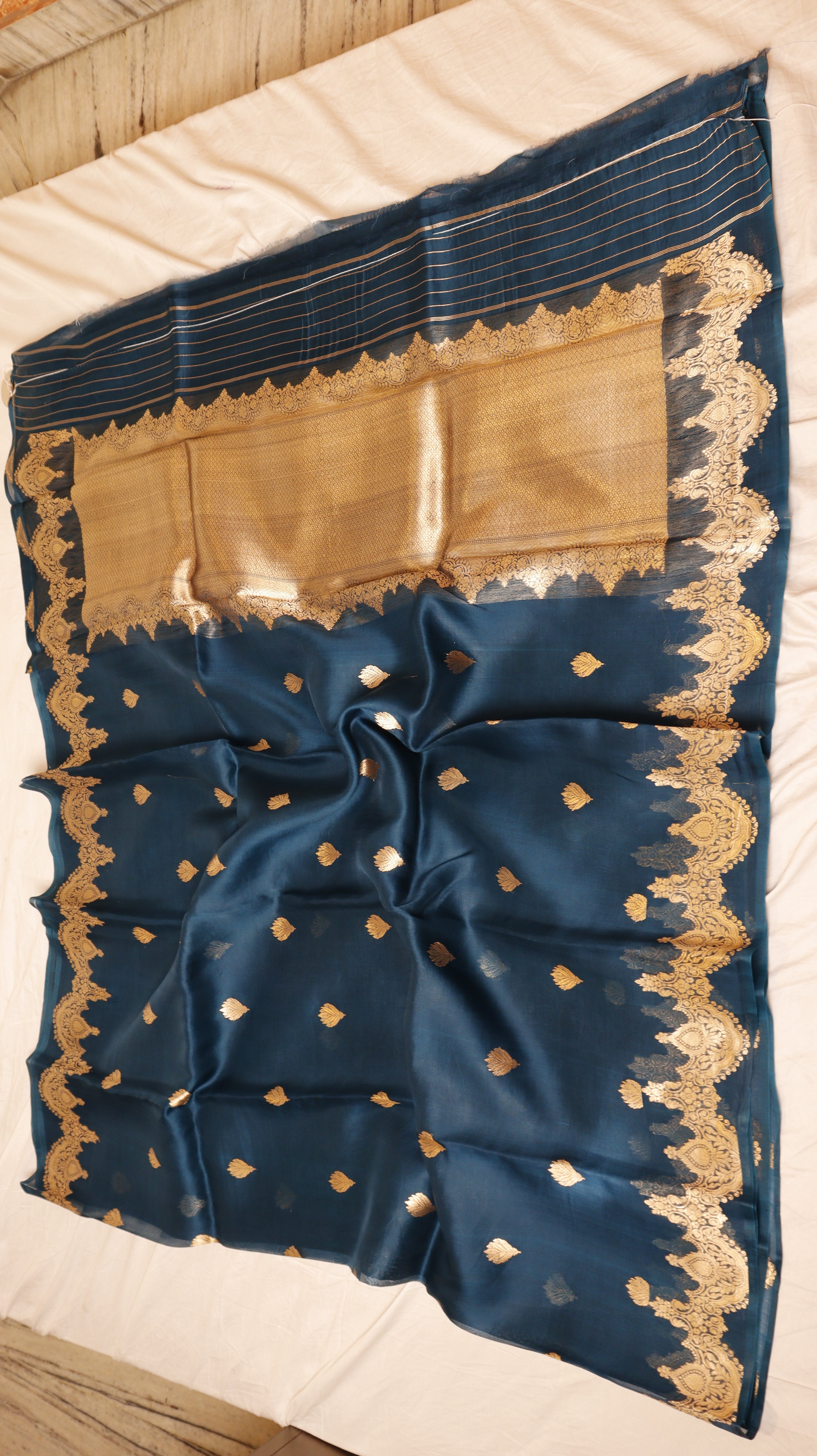 Teal Blue Pure Kora Silk Handloom Saree