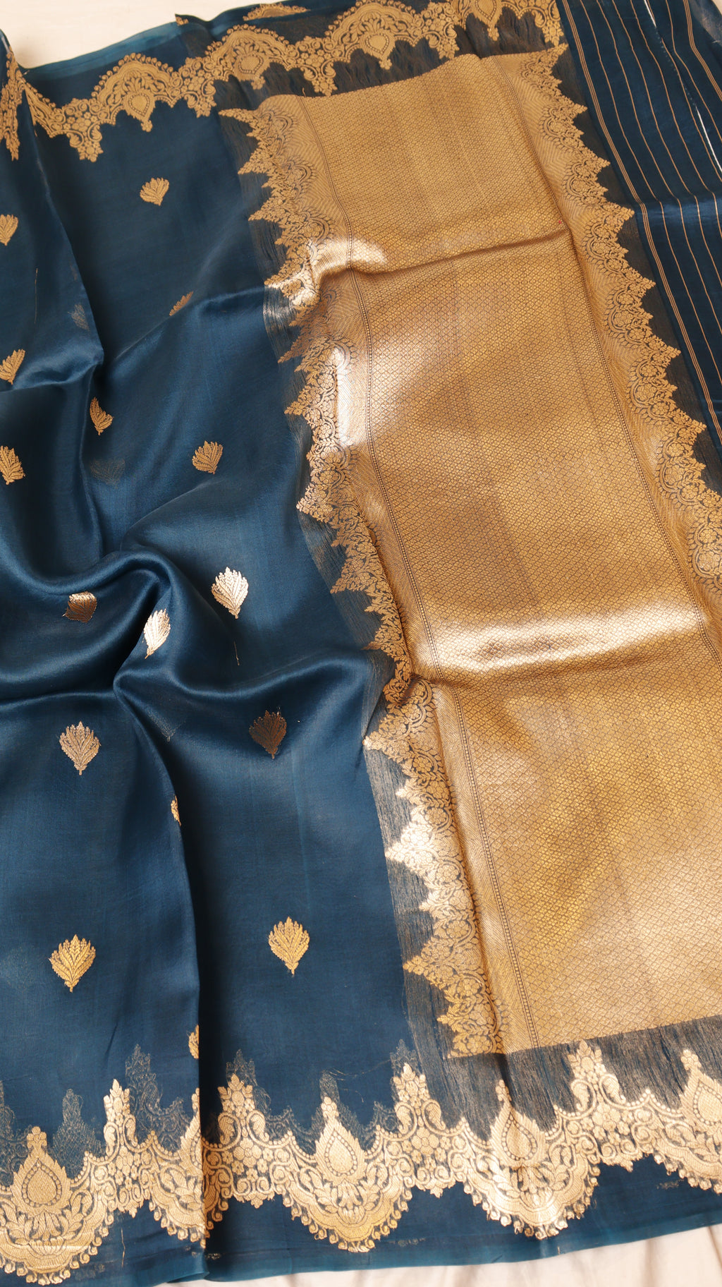 Teal Blue Pure Kora Silk Handloom Saree