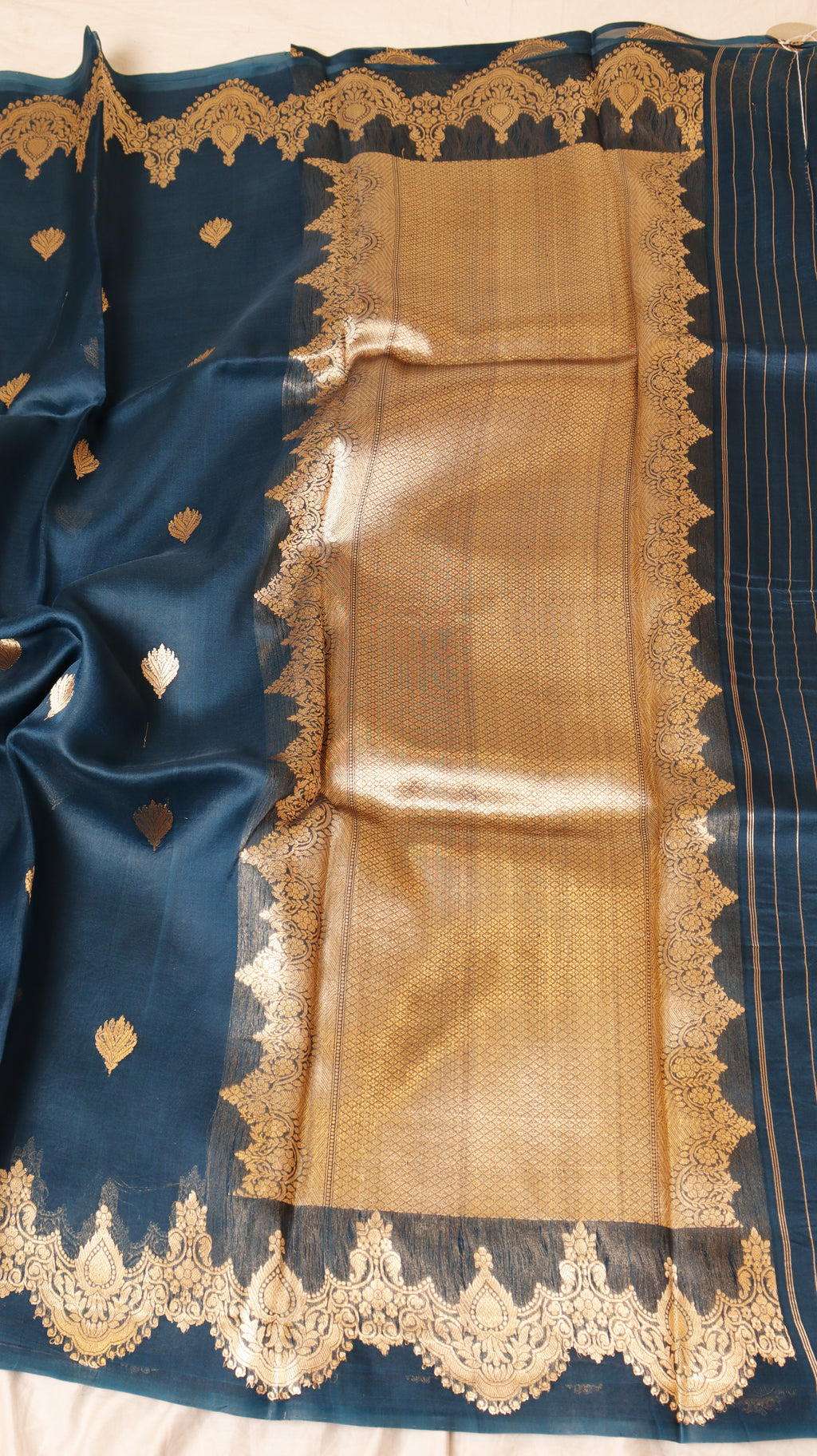 Teal Blue Pure Kora Silk Handloom Saree