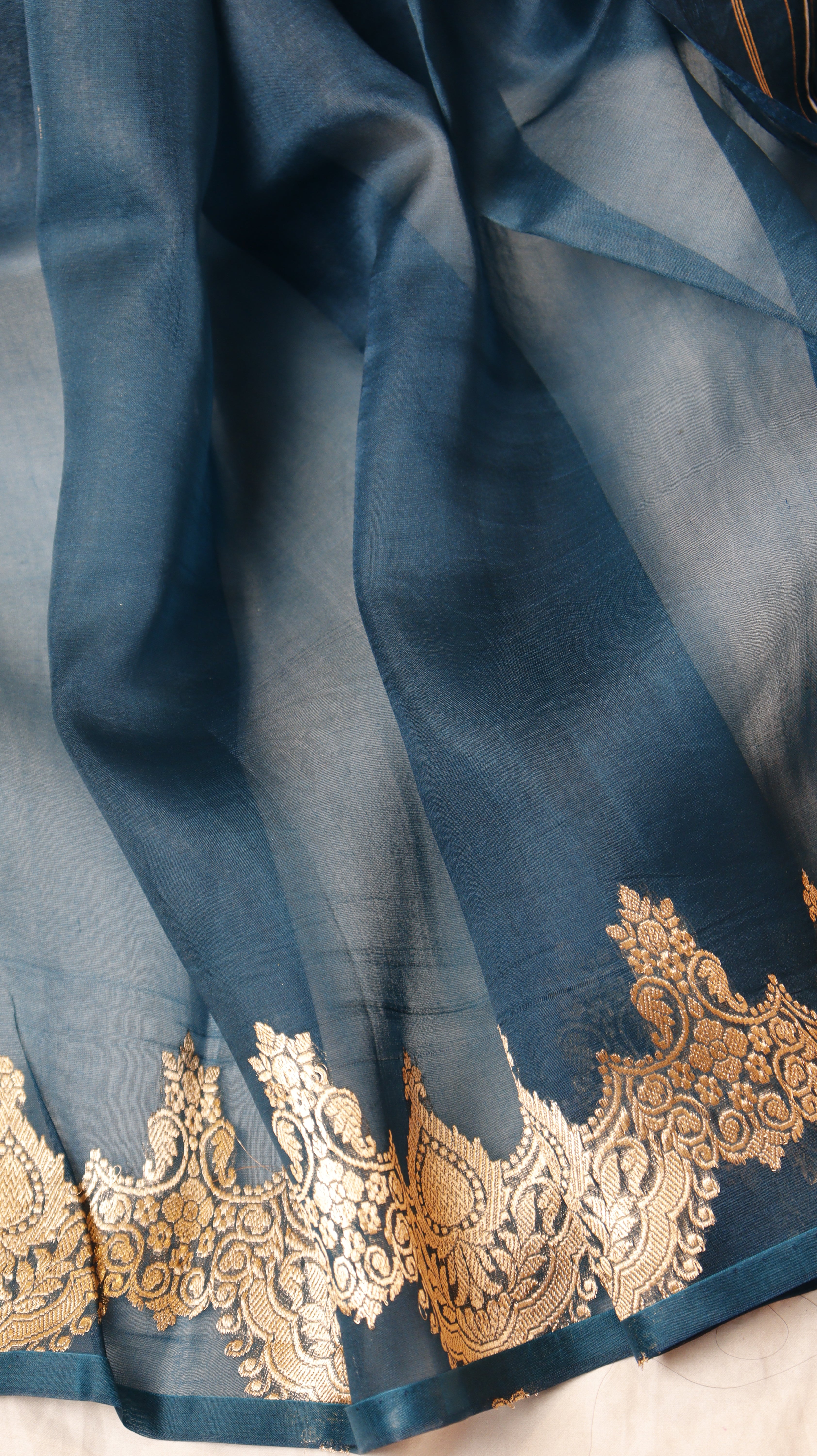 Teal Blue Pure Kora Silk Handloom Saree