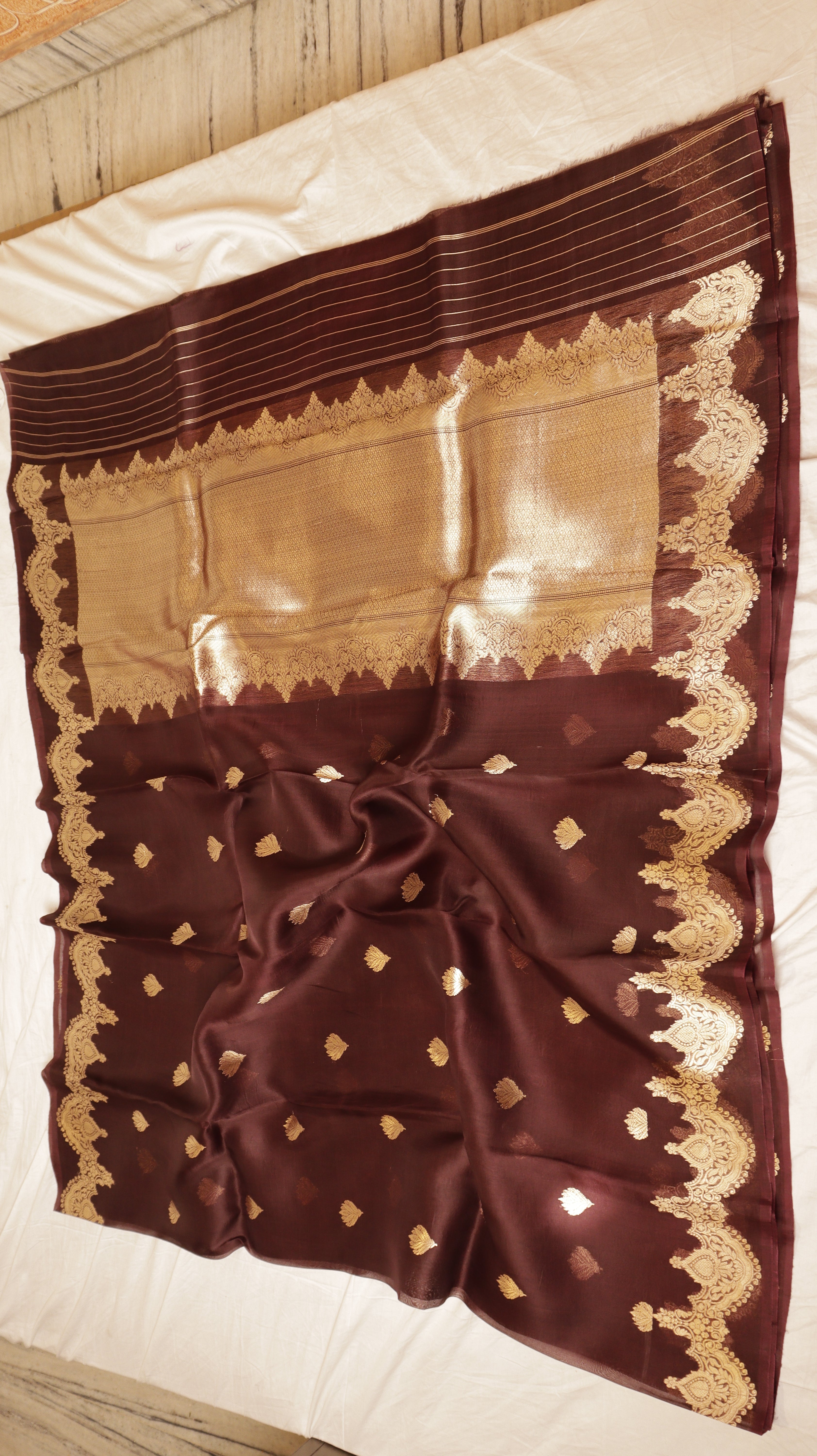 Deep Coffee Brown Pure Kora Silk Handloom Saree