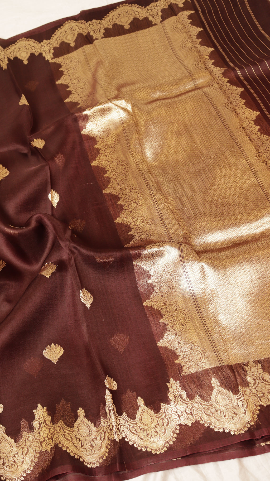 Deep Coffee Brown Pure Kora Silk Handloom Saree