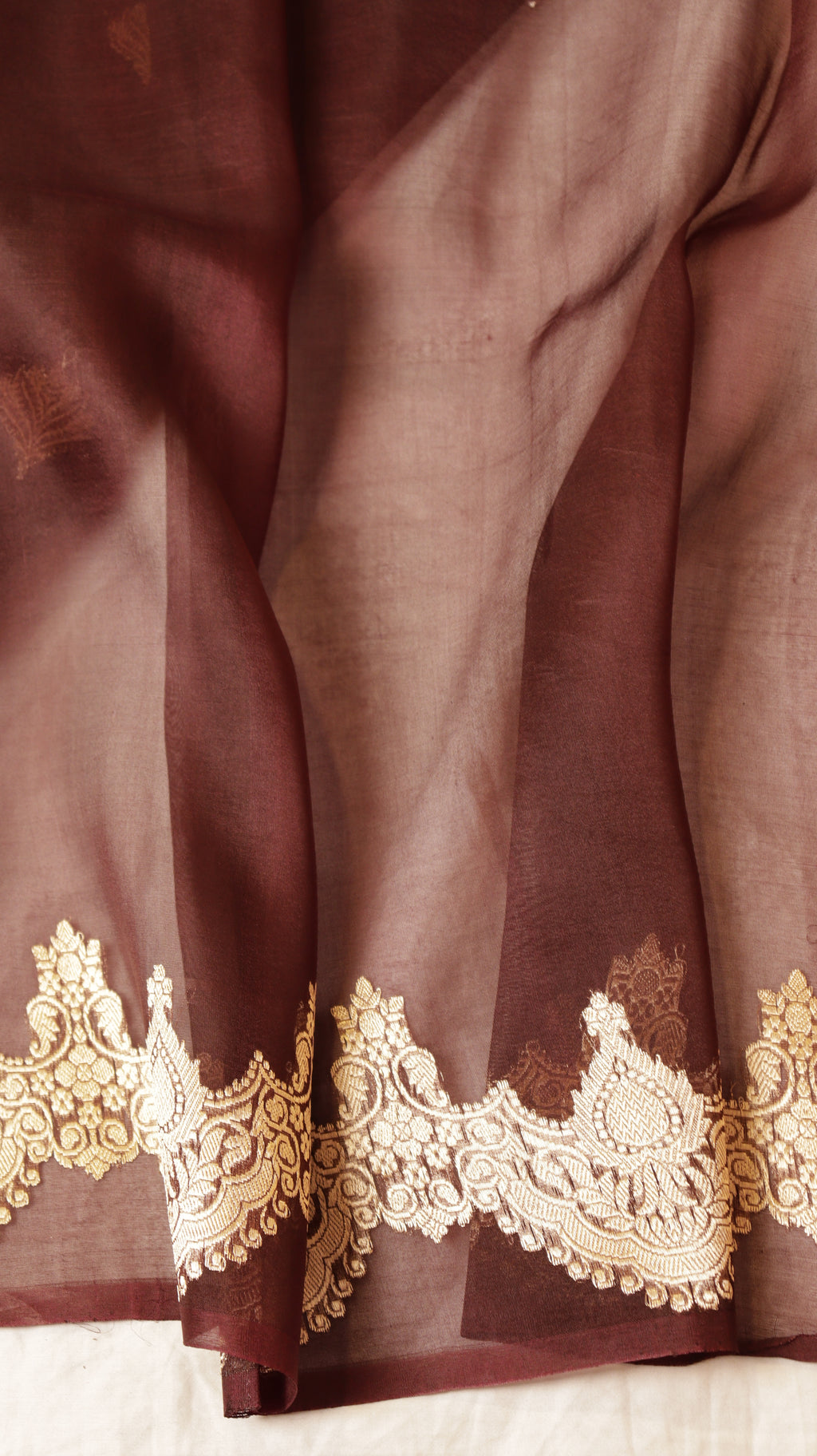 Deep Coffee Brown Pure Kora Silk Handloom Saree