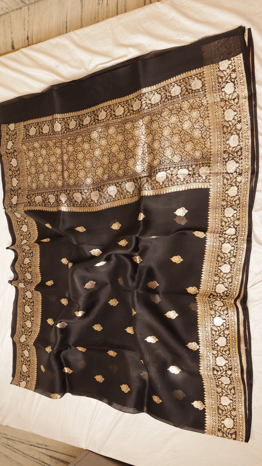 Black Pure Kora Silk Handloom Saree