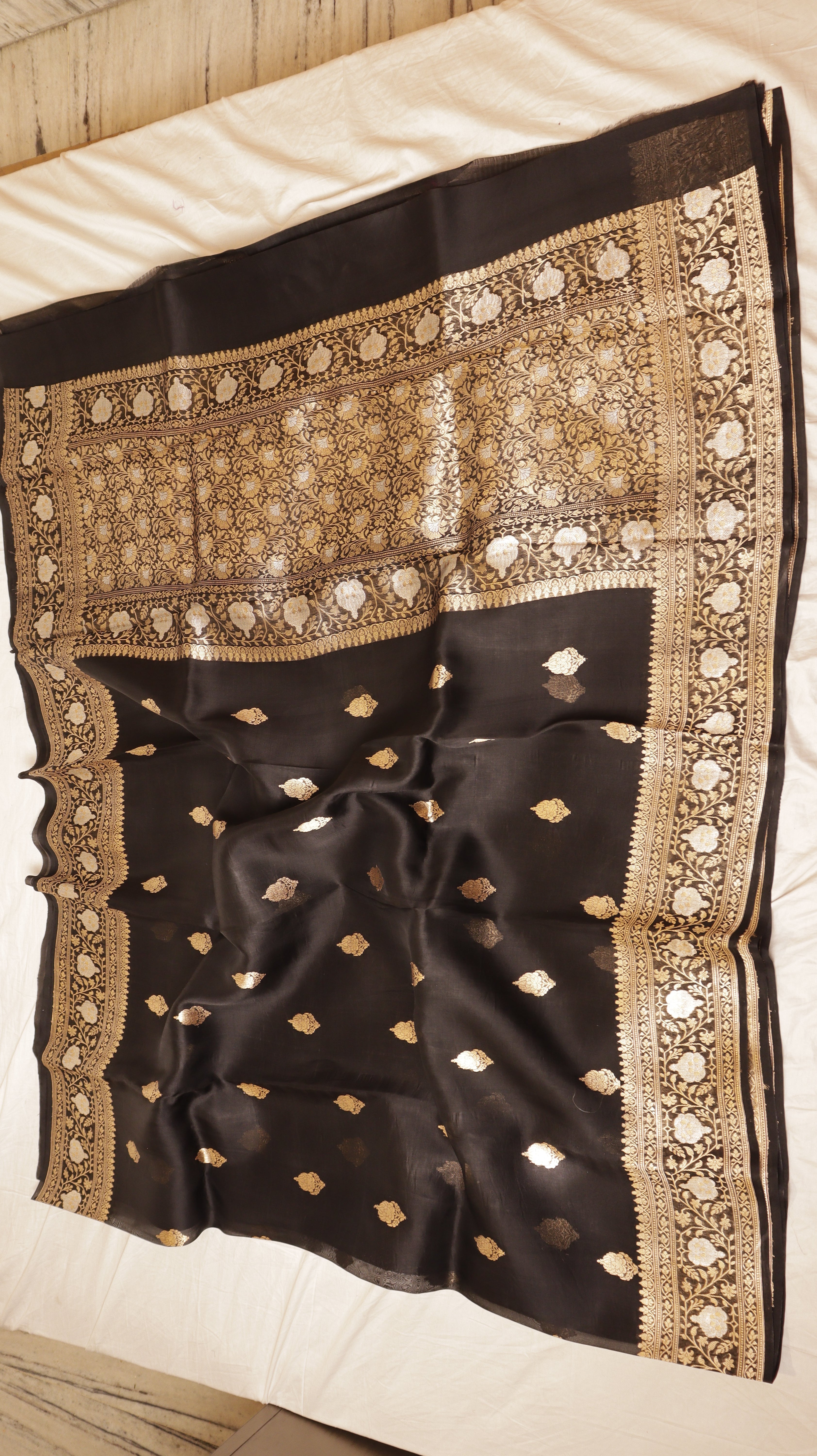 Black Pure Kora Silk Handloom Saree
