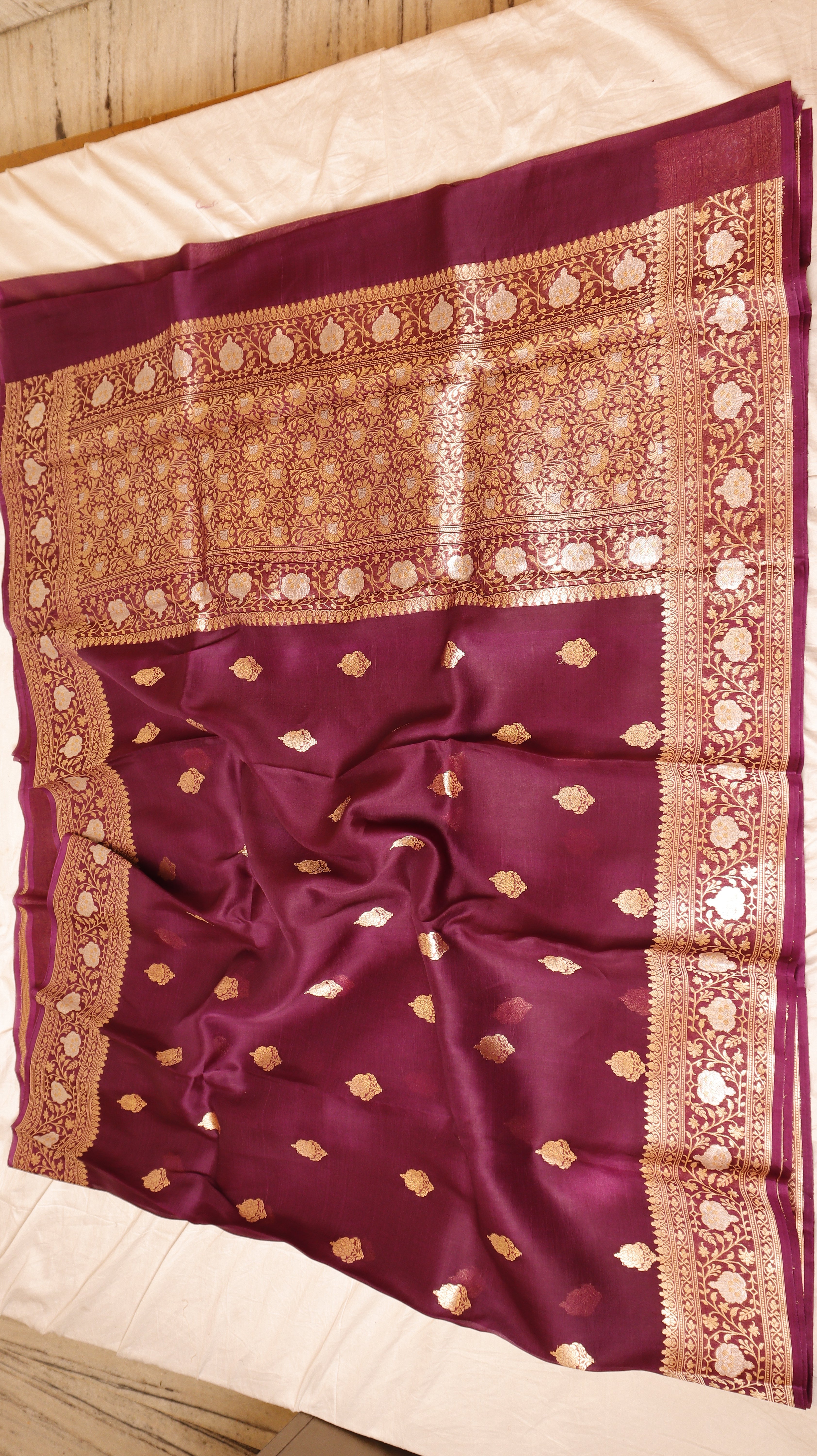Plum Pure Kora Silk Handloom Saree