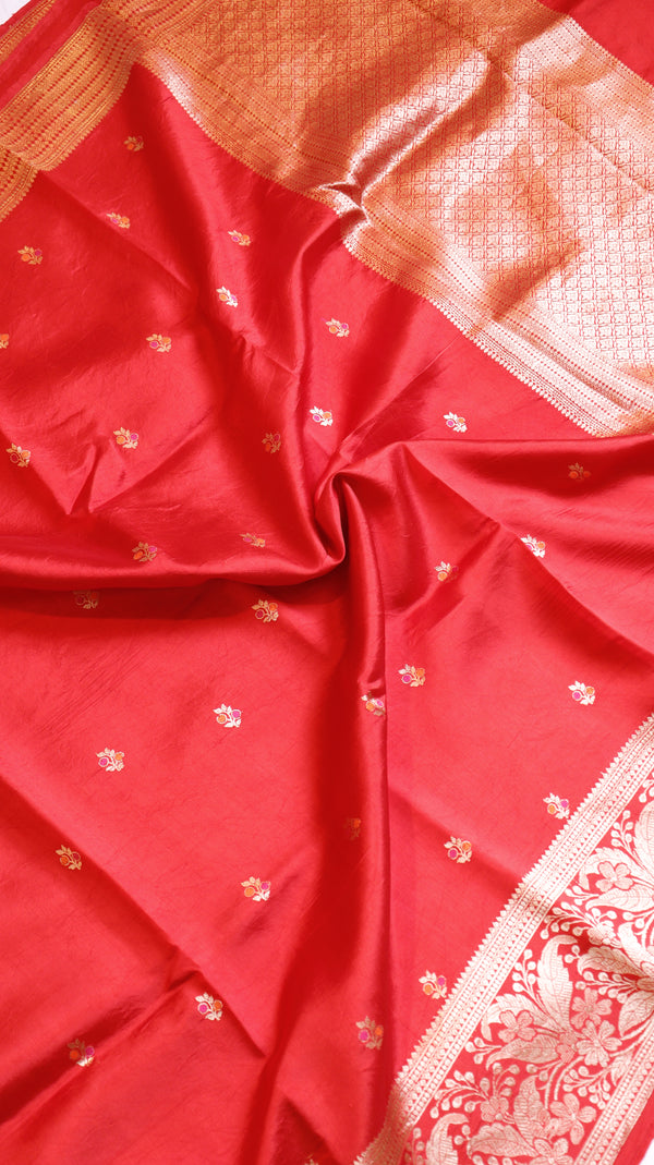 Red Pure Soft Katan Silk Handloom Saree with Broad Border