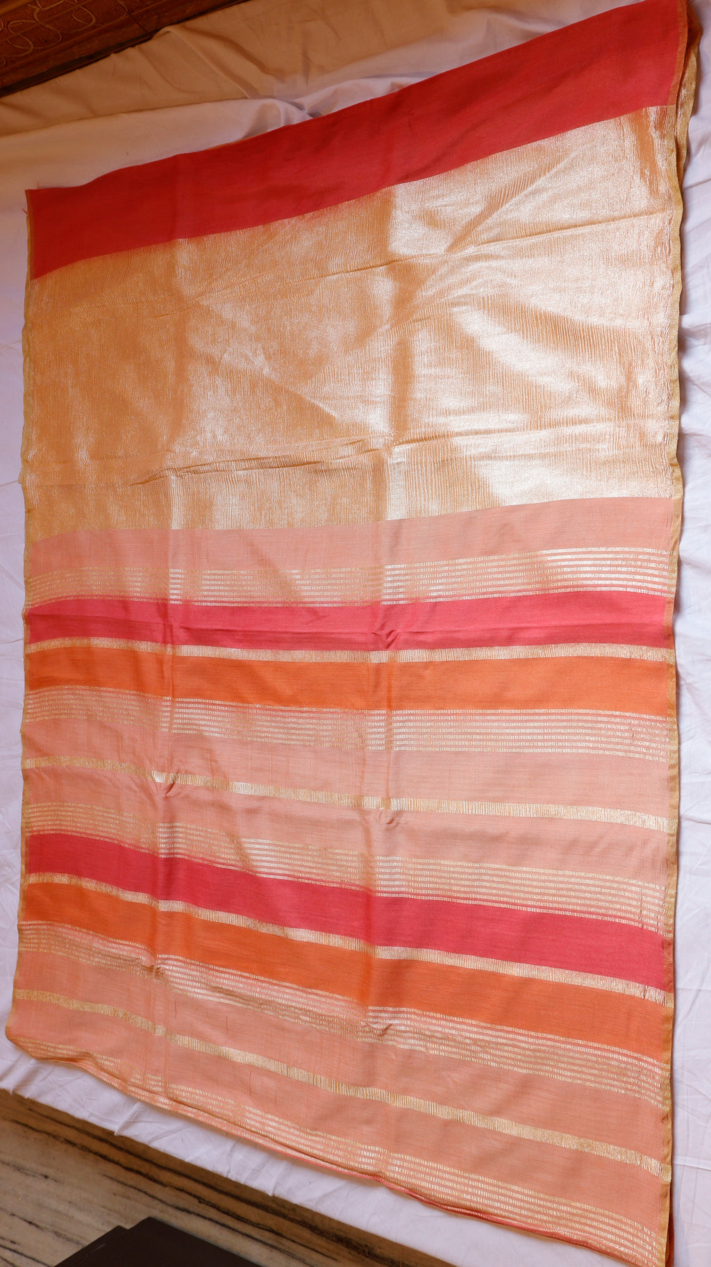 Pre-Order : Peach Pure Moonga Silk Handloom Stripe Saree
